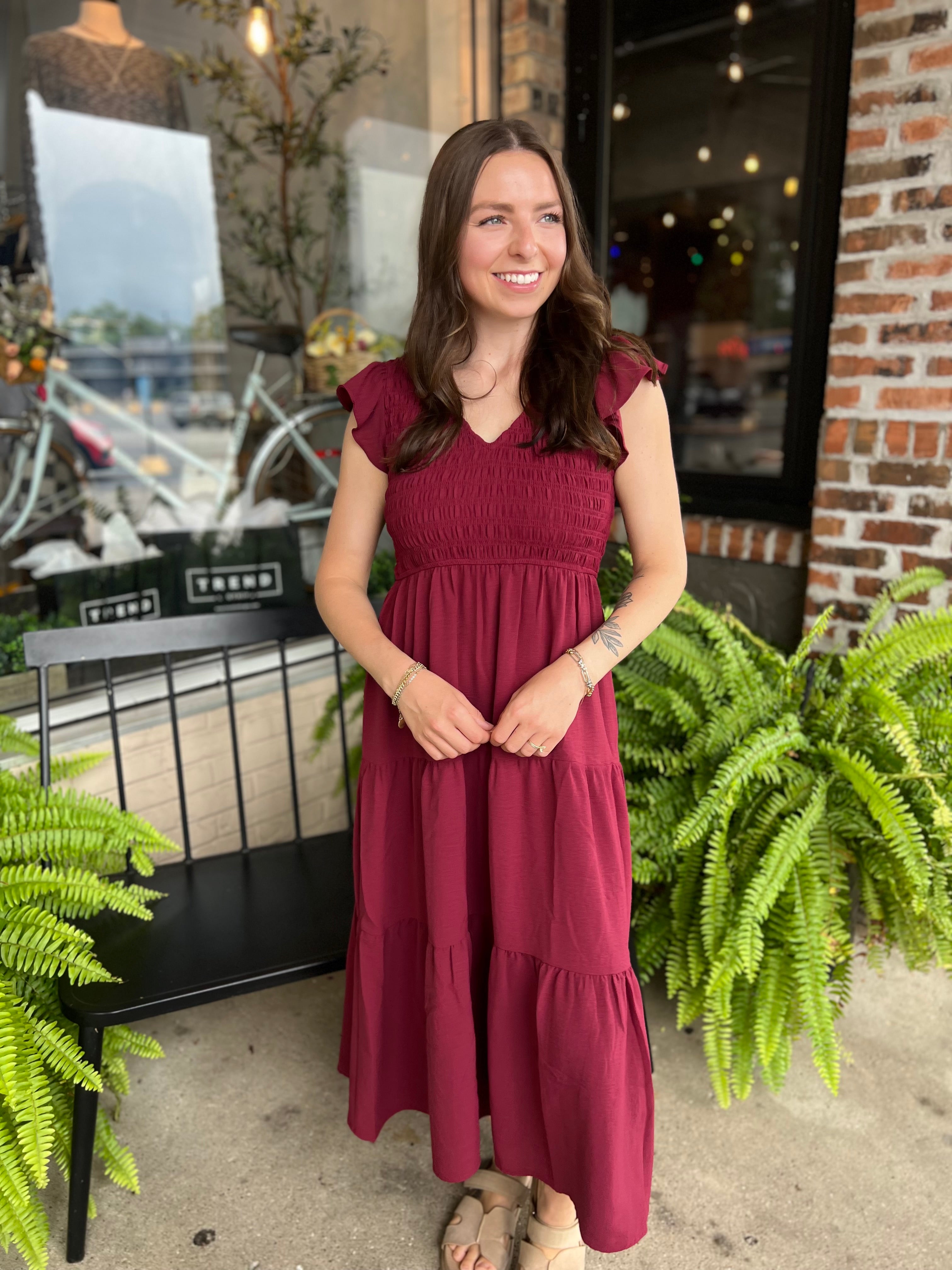 Burgundy Flutter Sleeve Maxi Dress