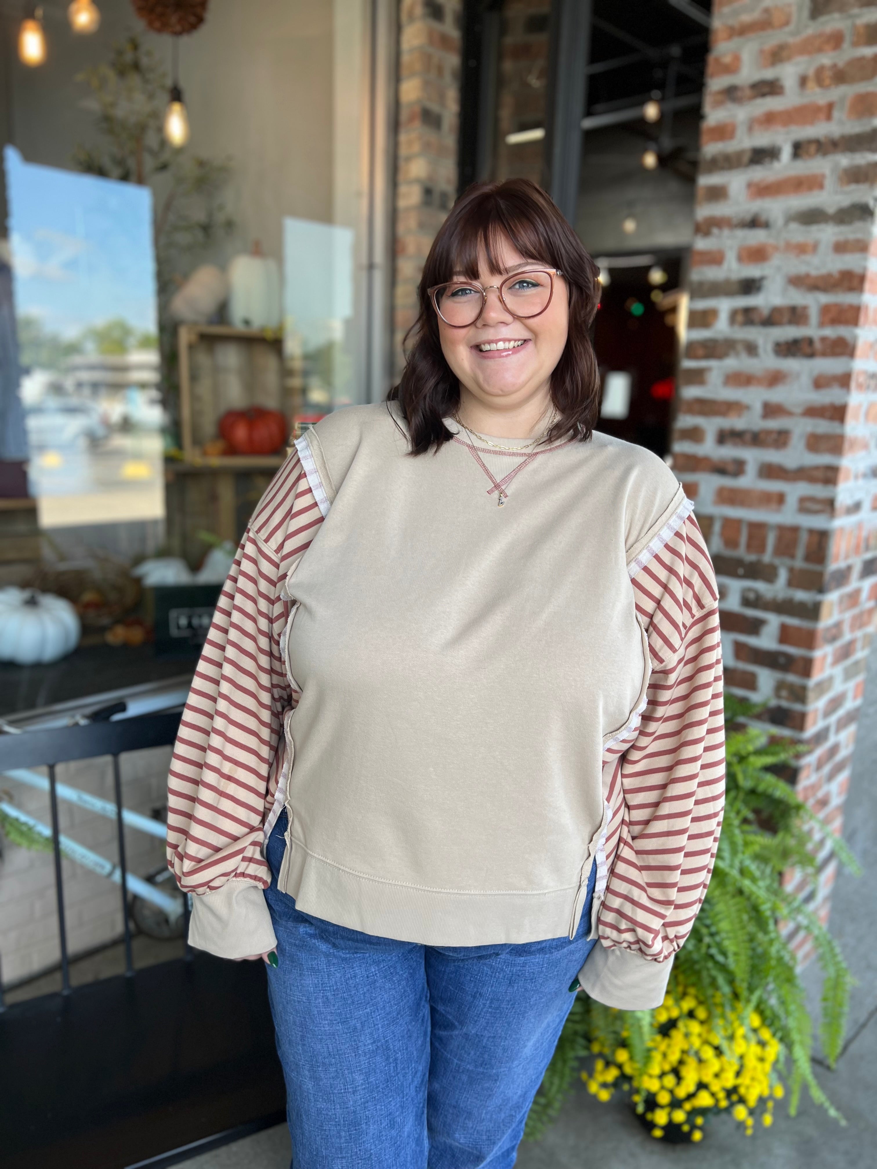 Plus Beige Oversized Striped Knit Top