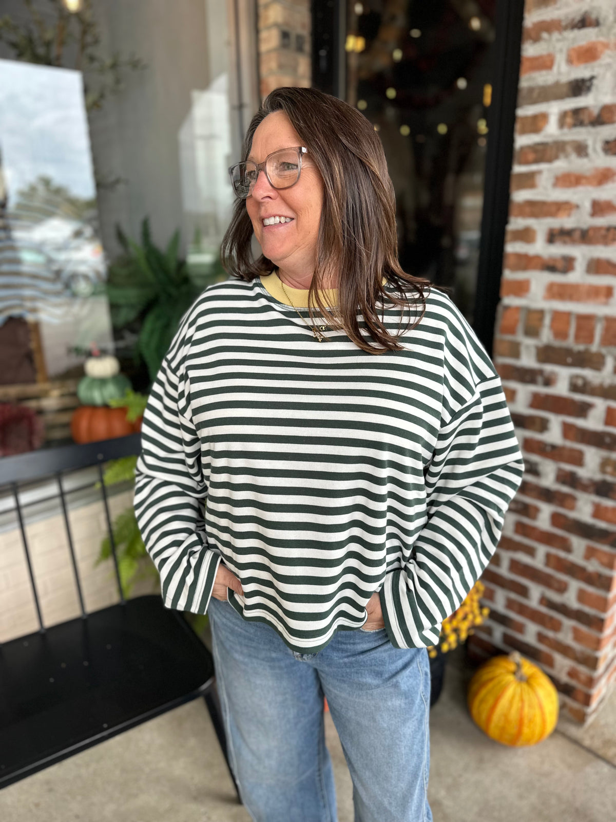 Green Stripe Boxy Knit Long Sleeve