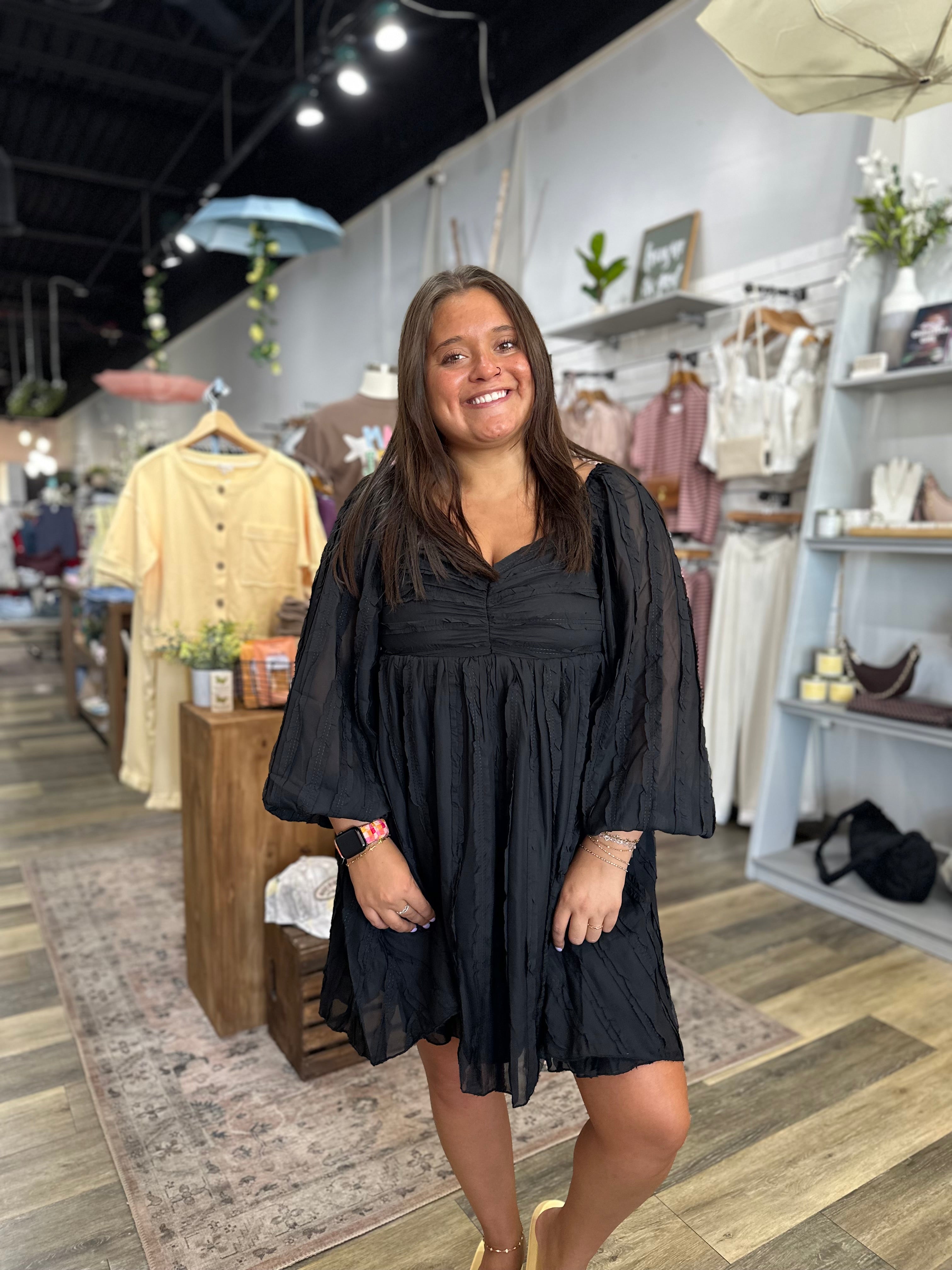 Black Textured Ruched Mini Dress