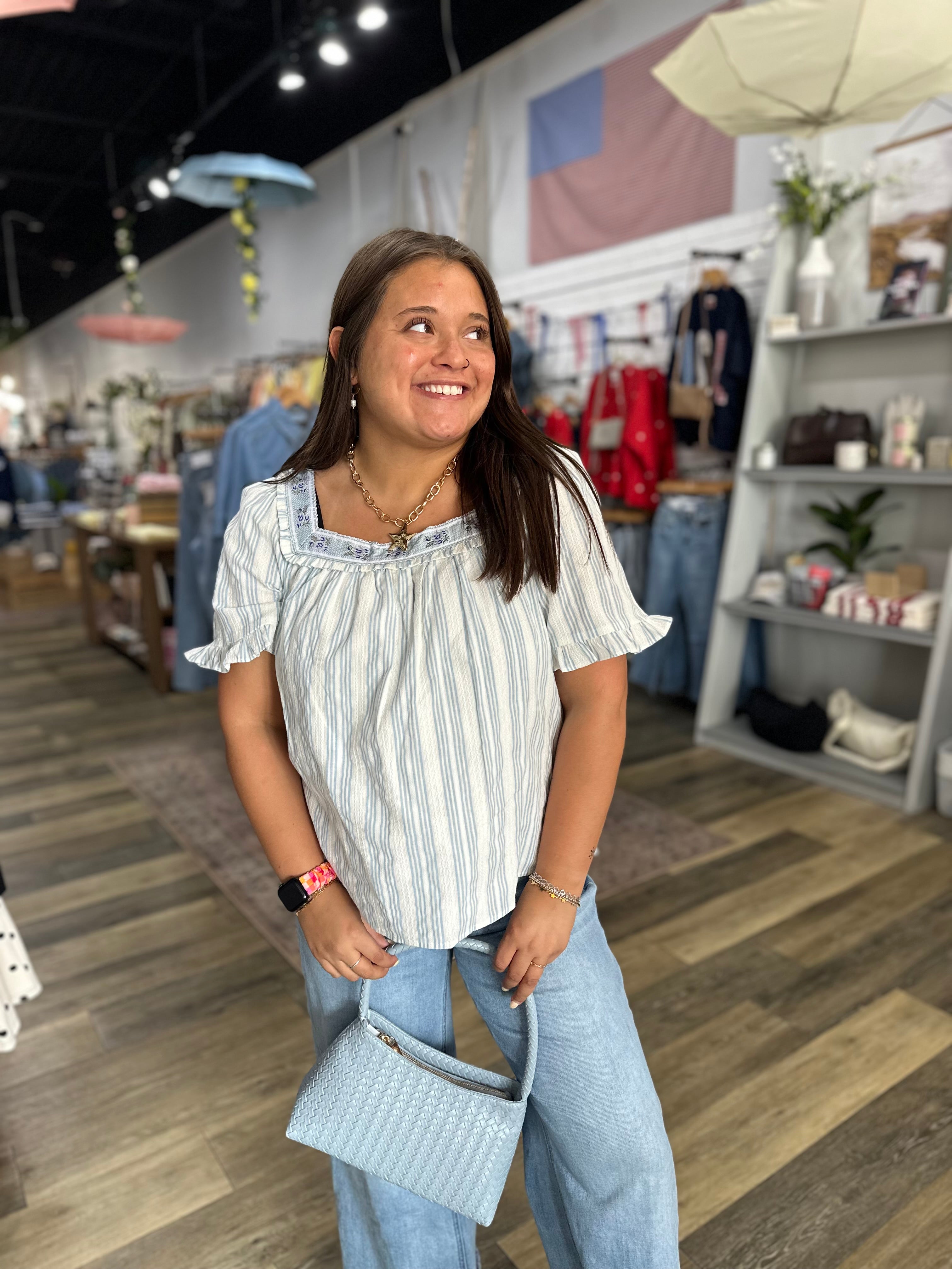 Blue Jacquard Tape Trimmed Striped Eyelet Top