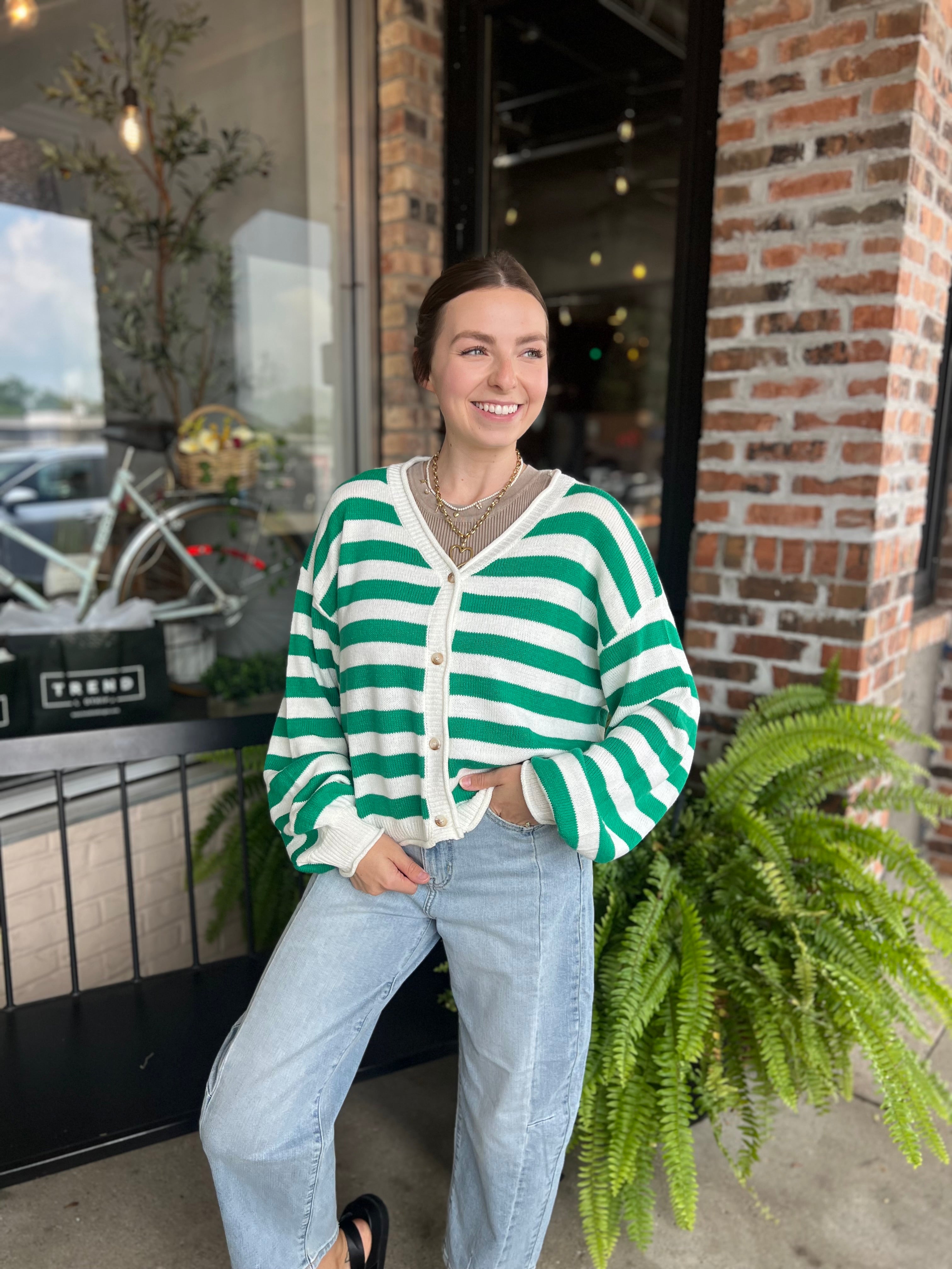 Green Button Front Stripped Sweater