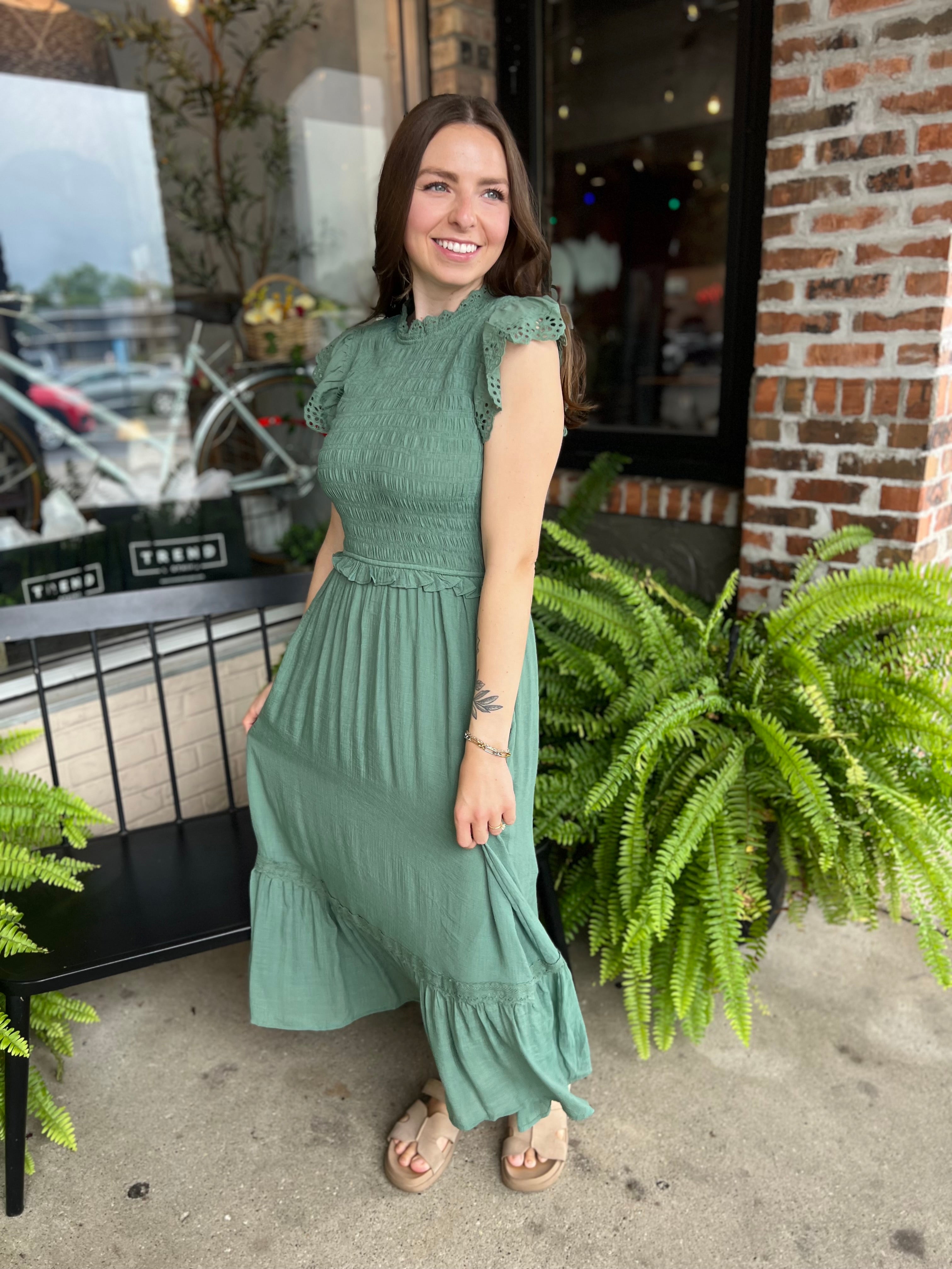 Green Eyelet Trim Midi Dress