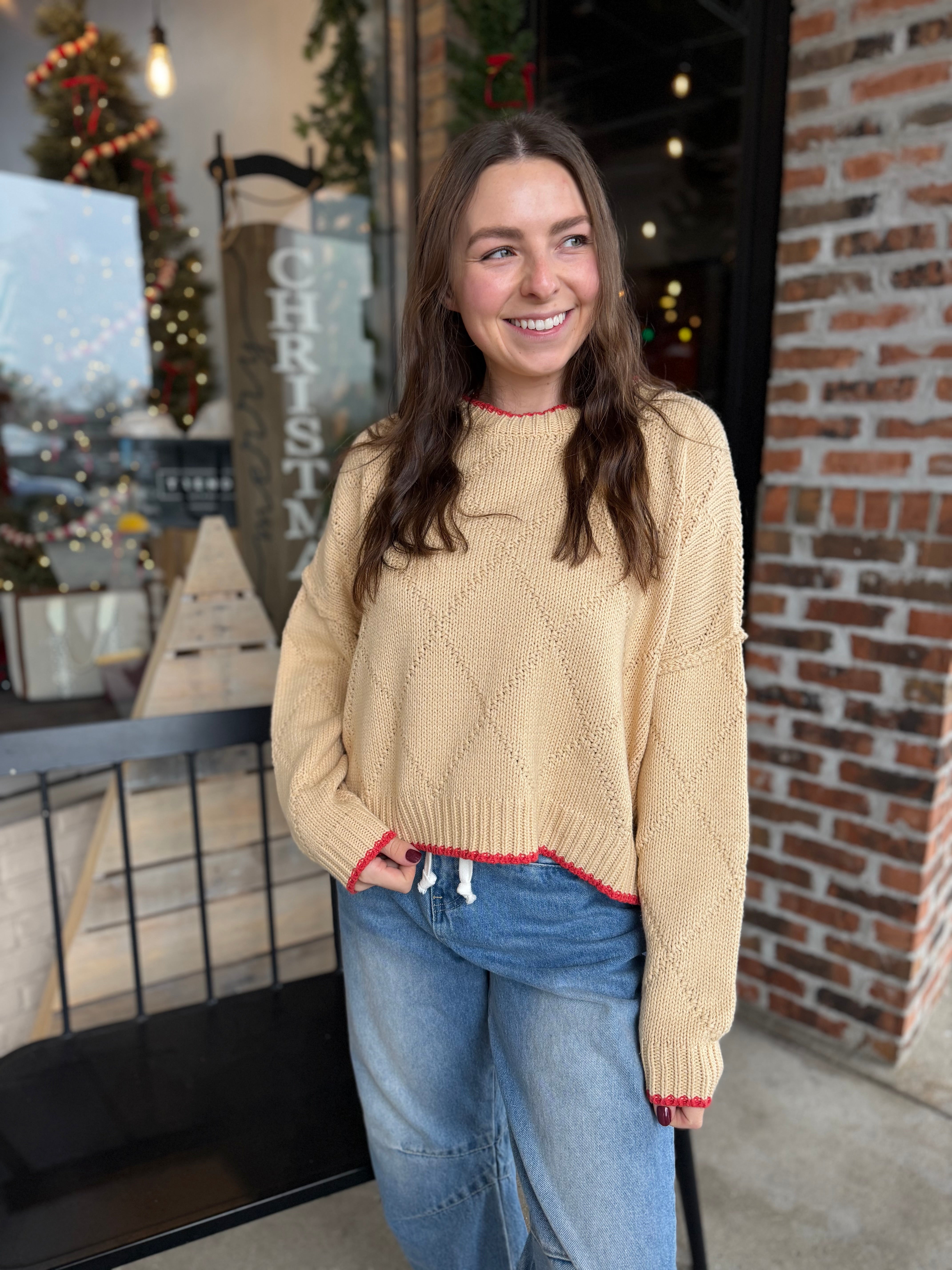 Oat Diamond Knit Pullover Sweater