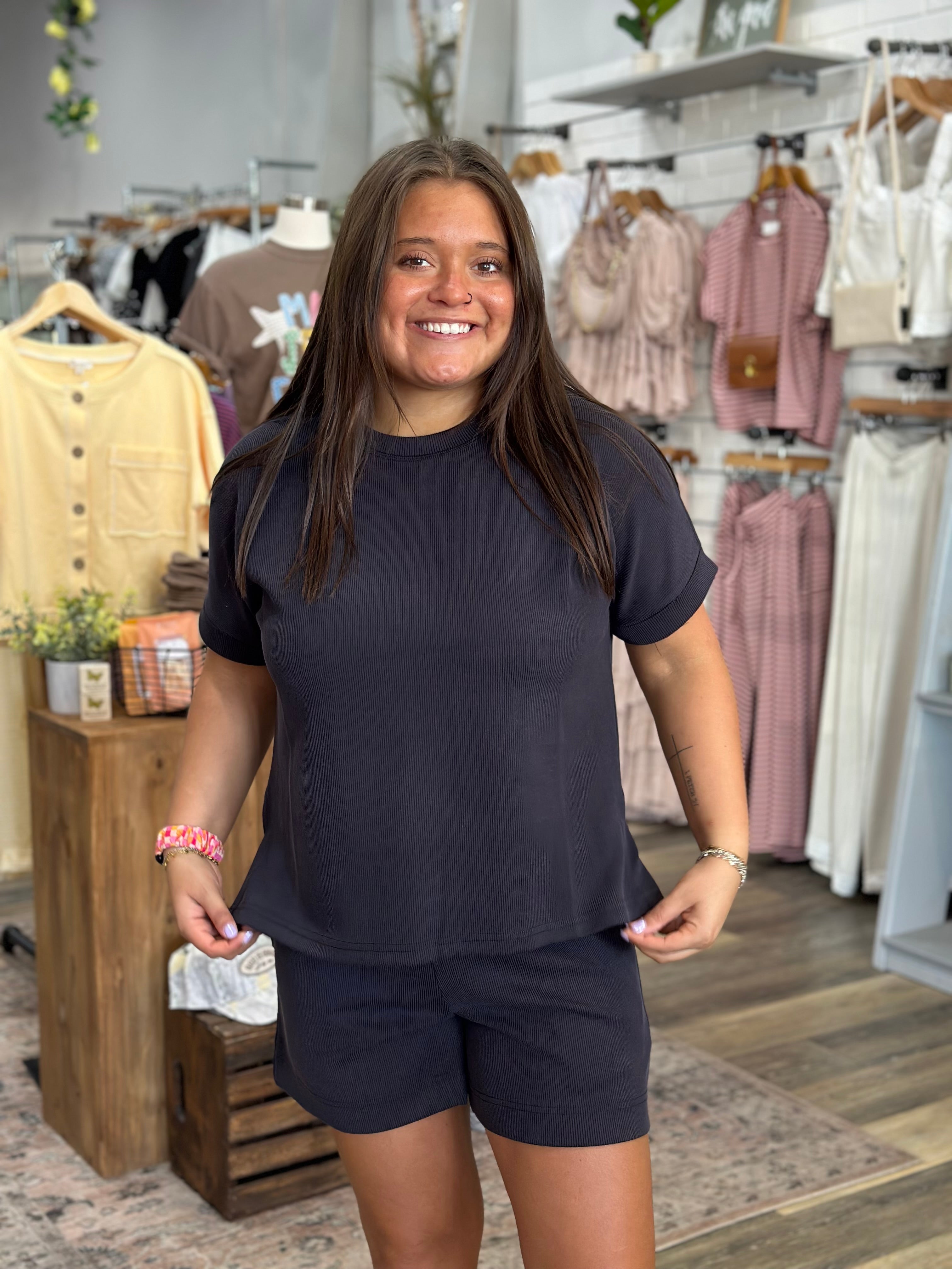 Black Luxe Sand Wash Rib Lounge Tee
