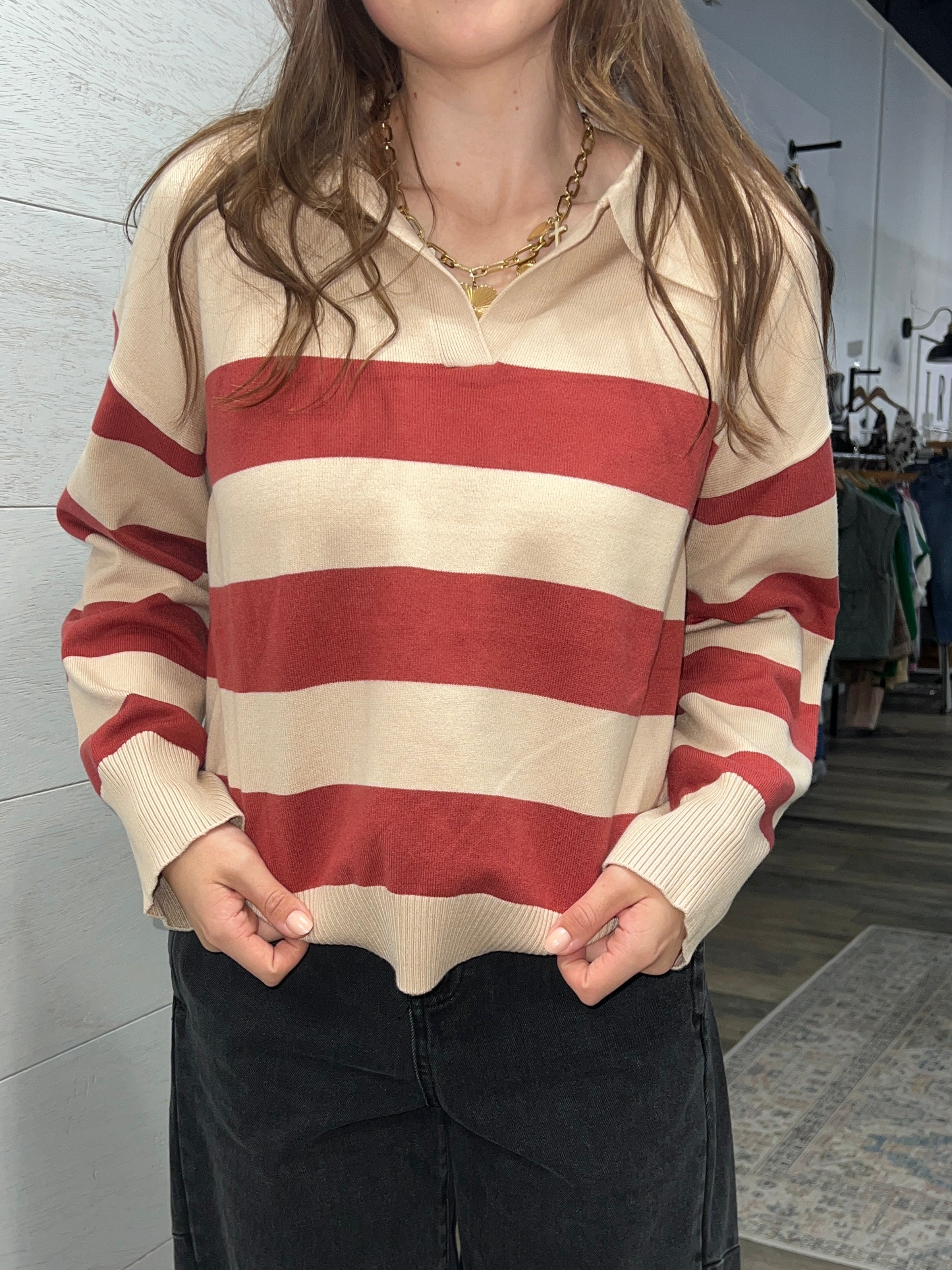 Marsala Wide Stripe Polo Sweater