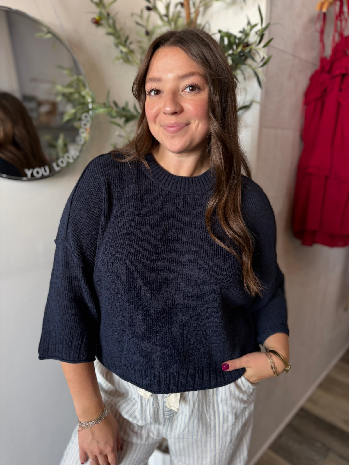 Navy Raw Edge Knit Top