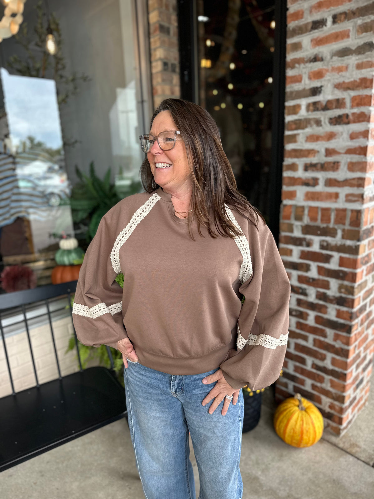 Brown Lace-Trimmed Sweatshirt