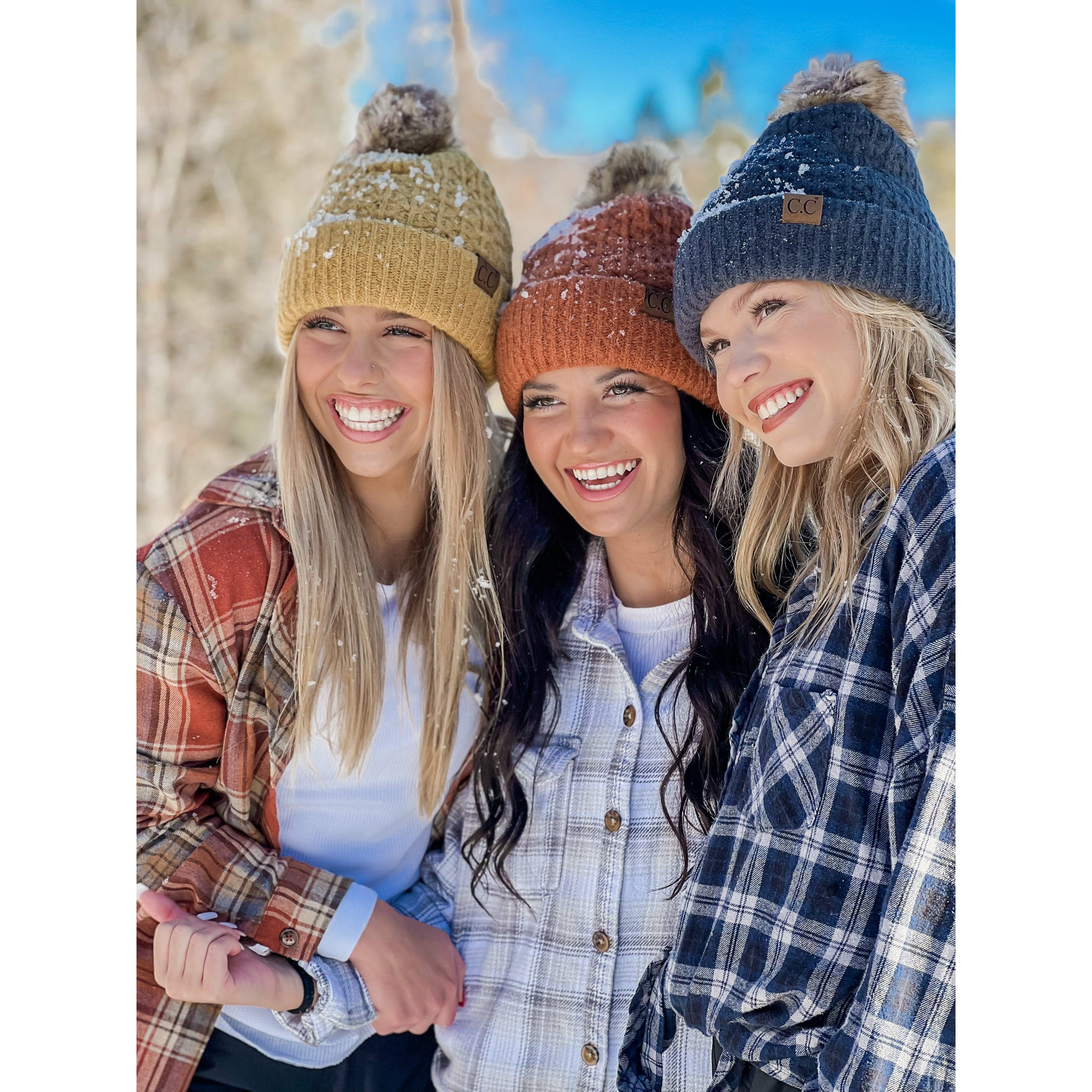 Ivory Smocked Stitch Fur Pom Beanie