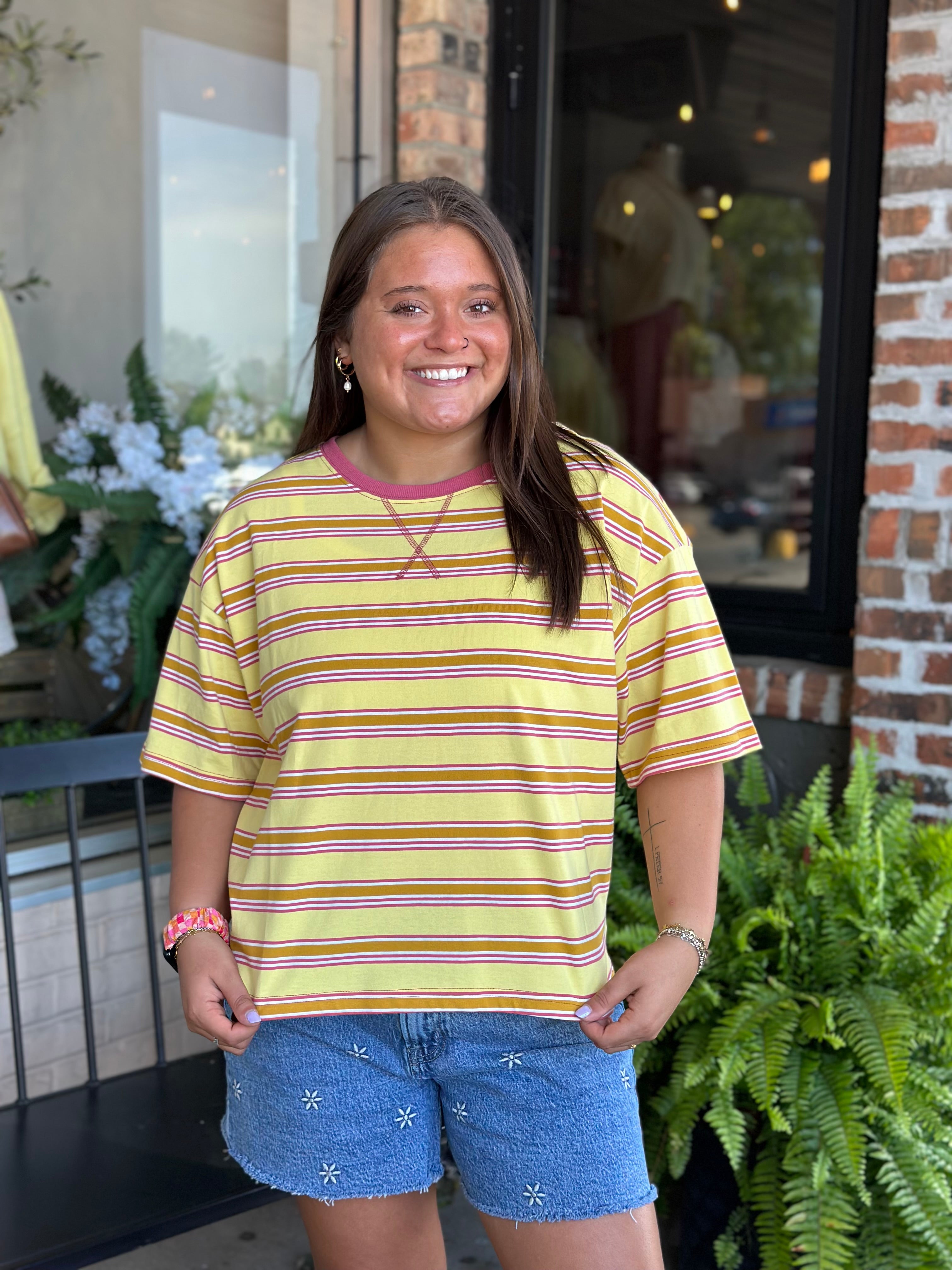 Yellow Striped Short Sleeve Relaxed Top
