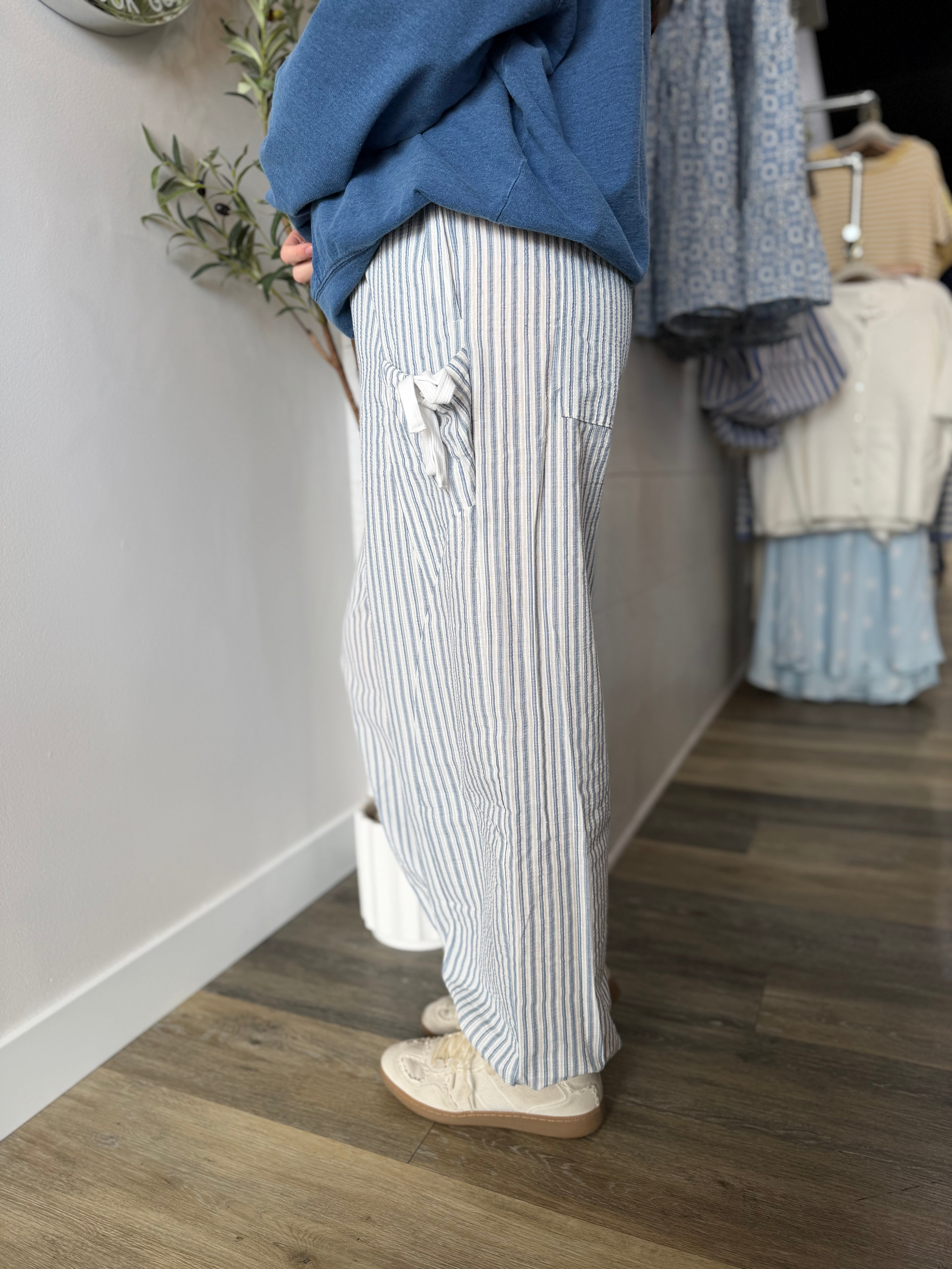 Blue Stripe Textured Woven Pants - FINAL SALE