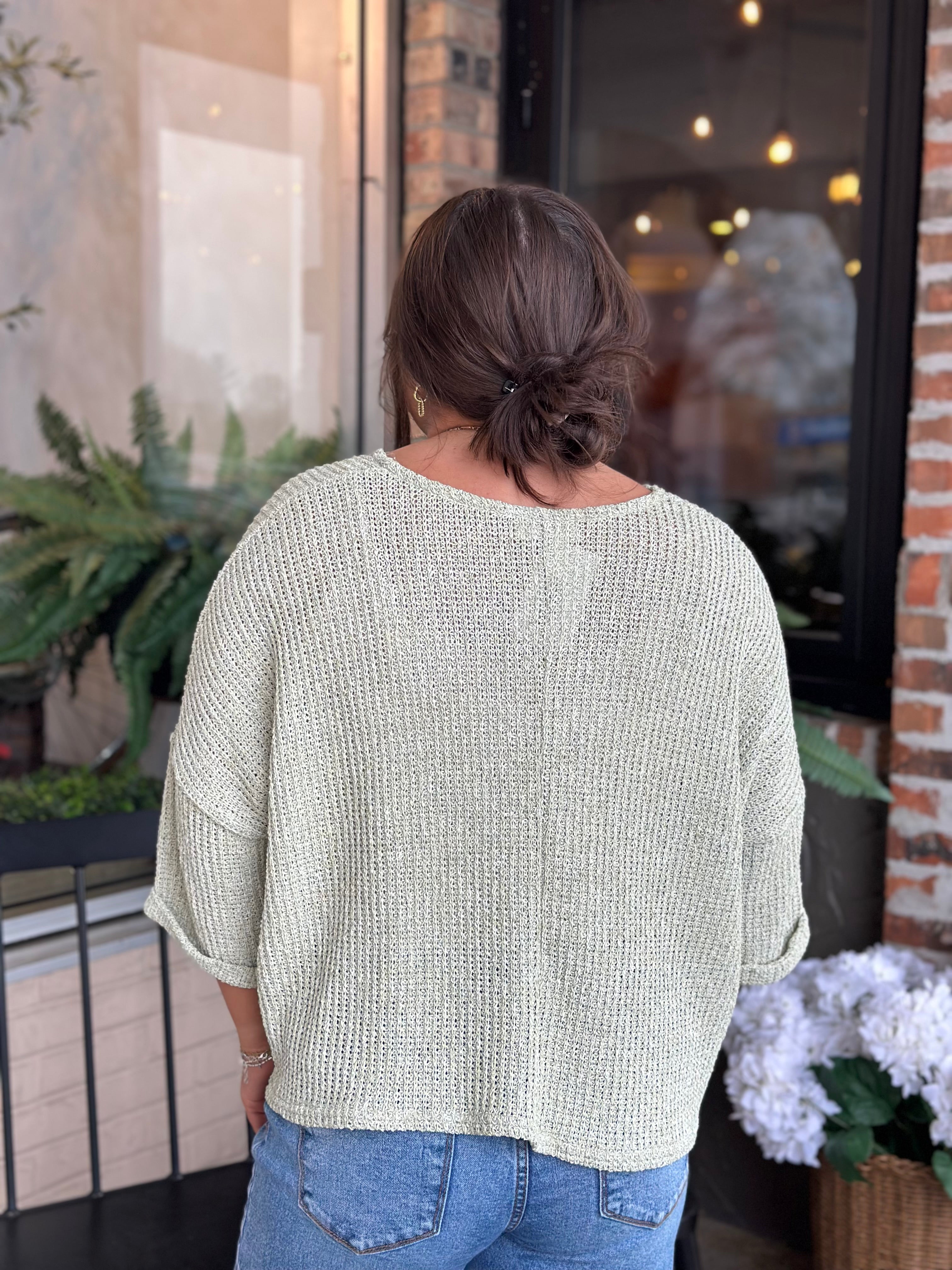 Sage Roll-Up Sleeve V-neck Top - FINAL SALE