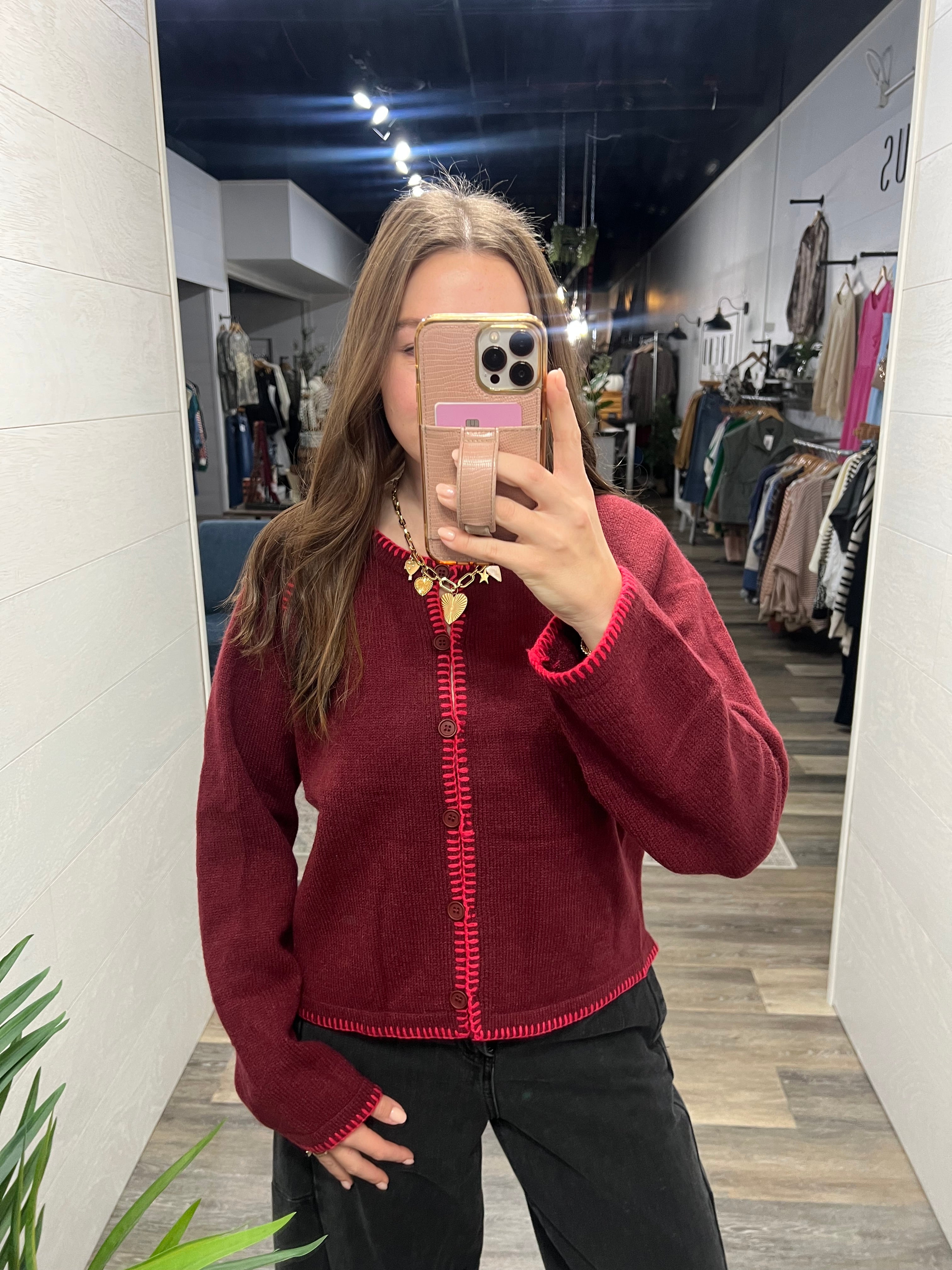 Red Contrast Stitch Sweater
