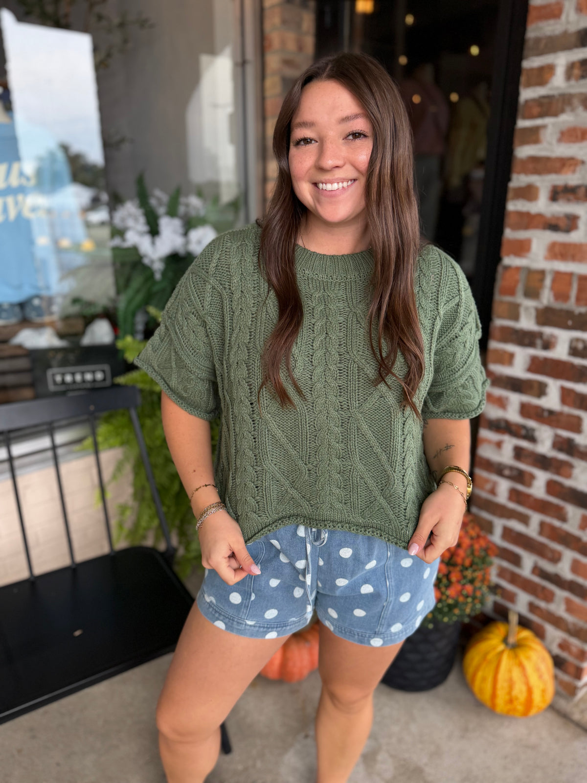 Green Knit Short Sleeve Sweater