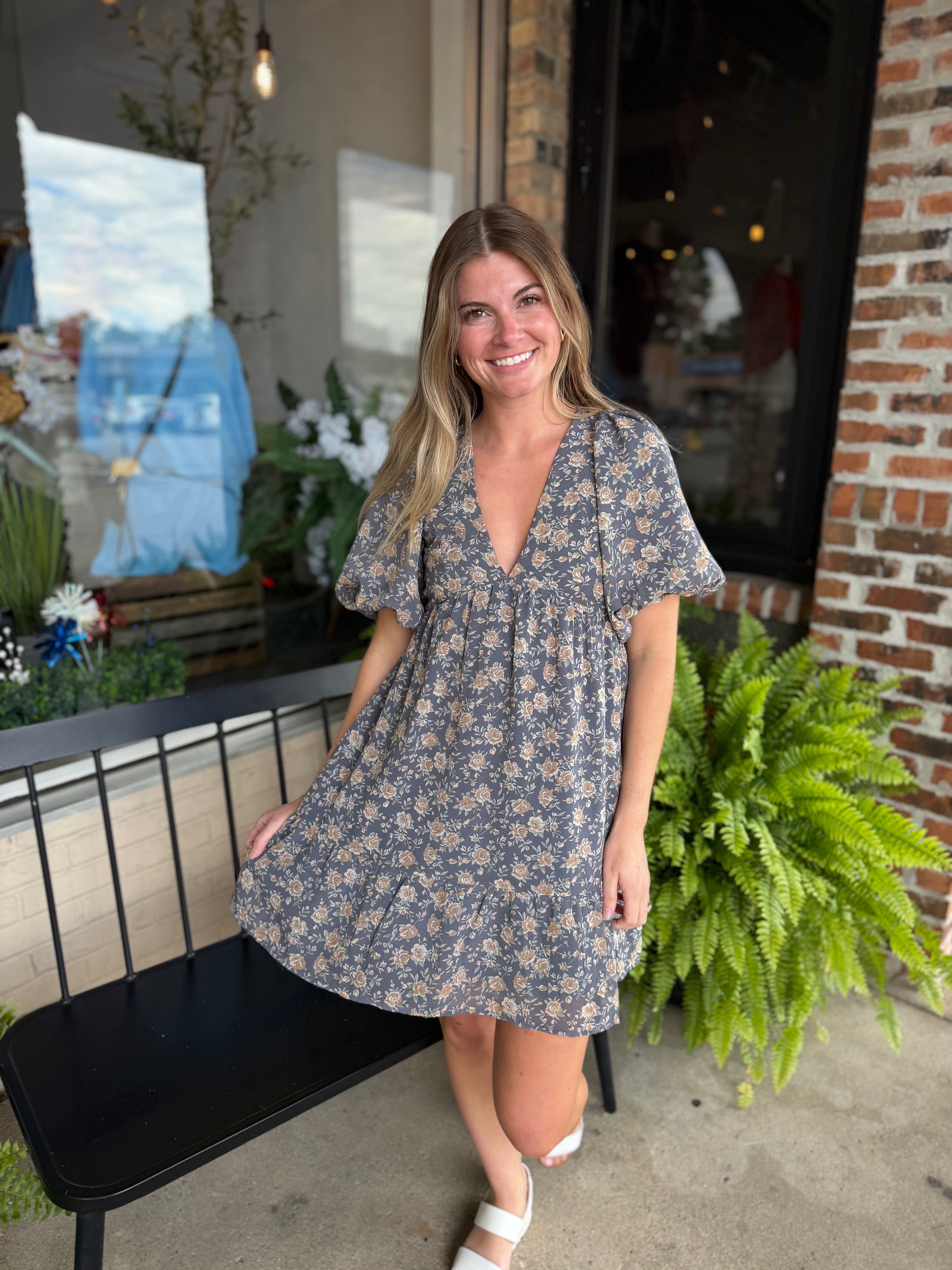 Blue Floral Bubble Sleeve Mini Dress