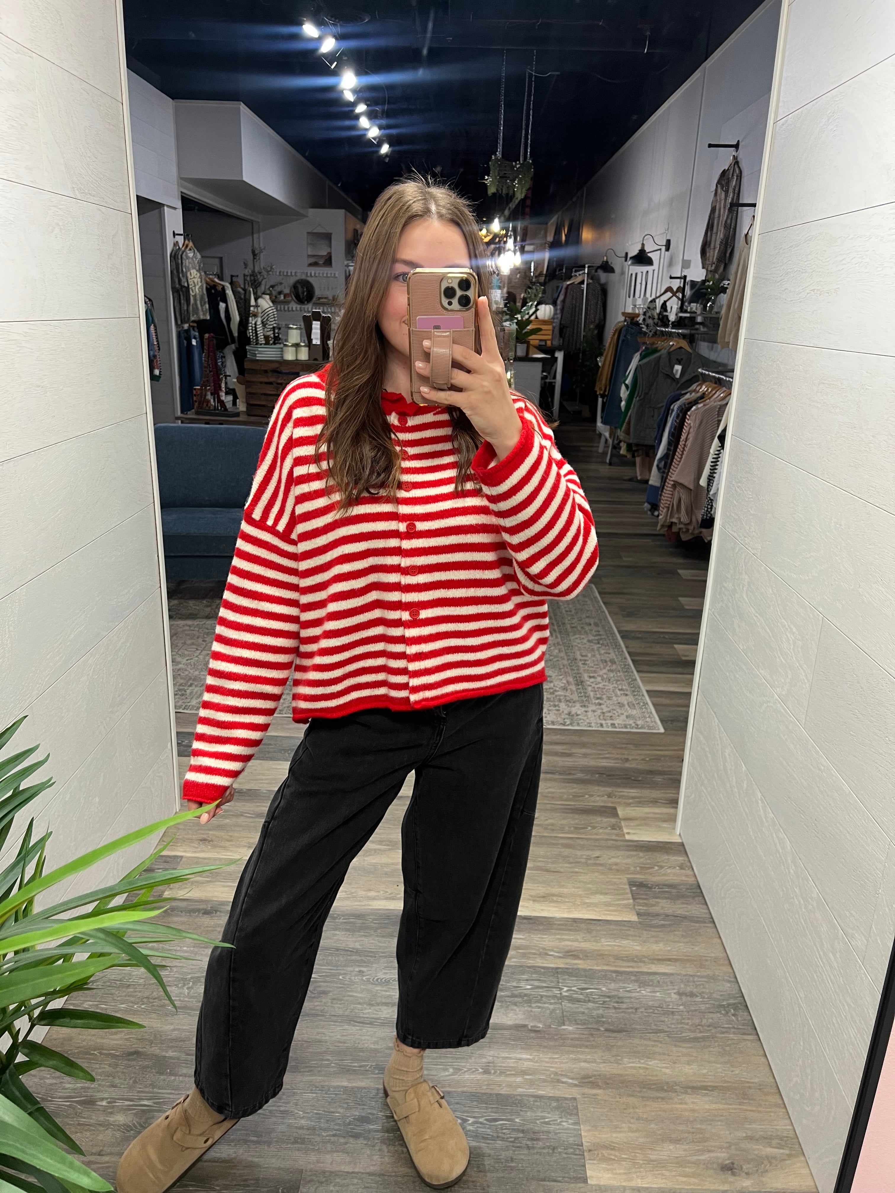 Red Ivory Striped Button Down Cardigan