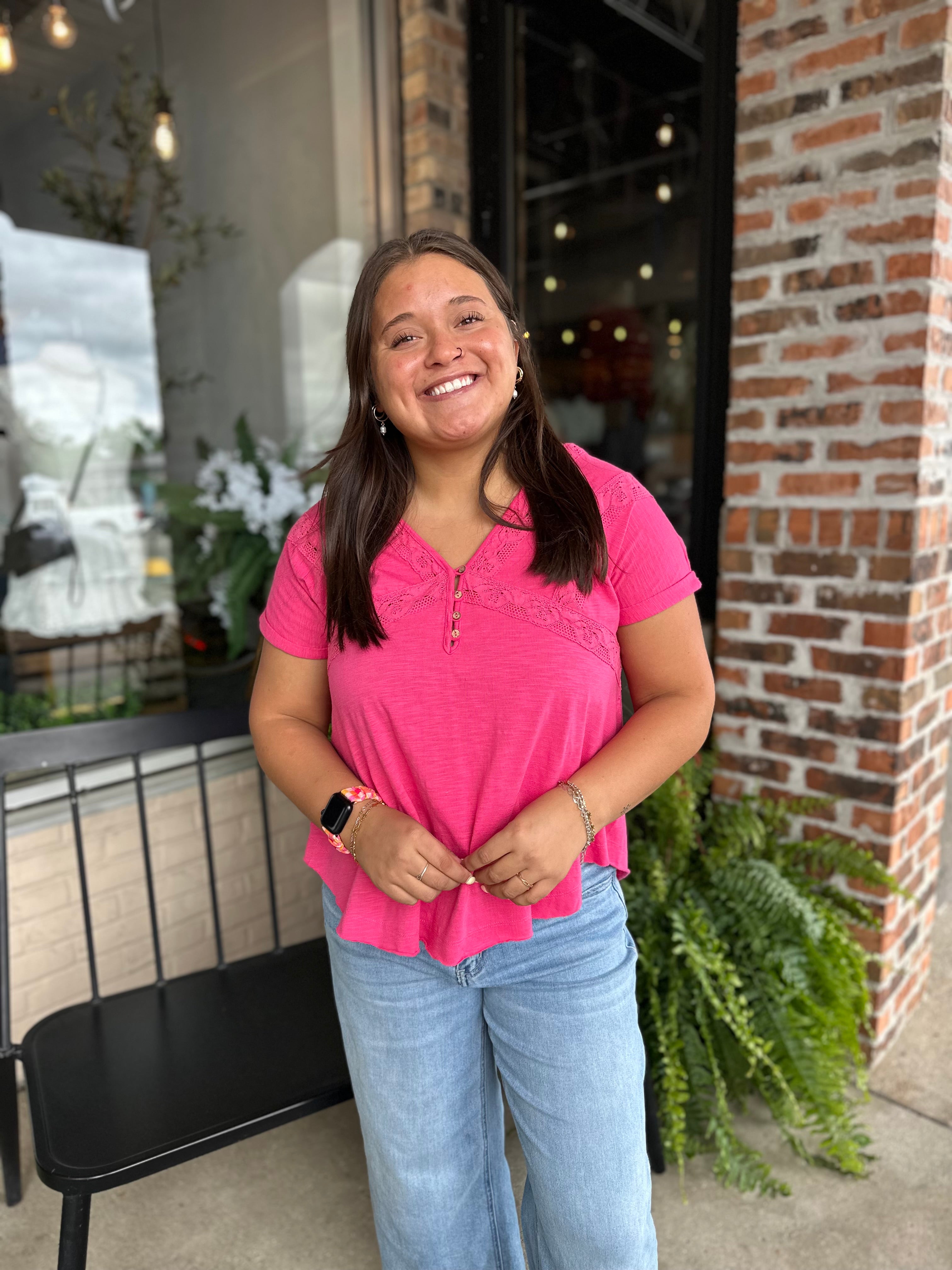 Hot Pink Lace Accent Henley Tee
