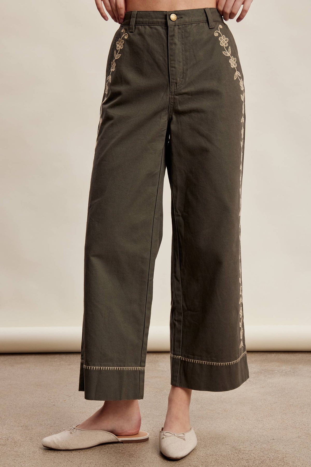 Olive Floral Embroidered Crop Wide-Leg Pants