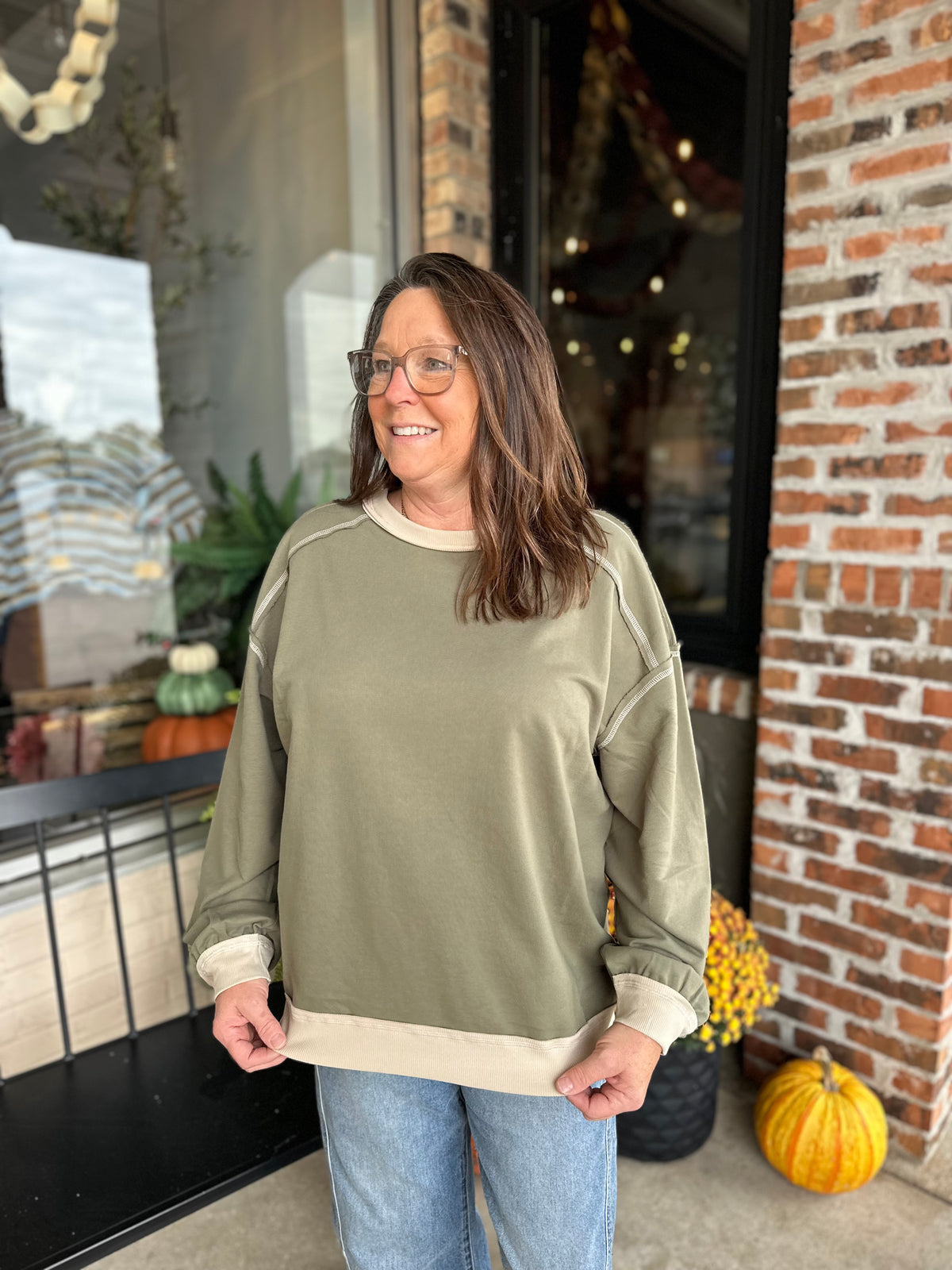 Olive Exposed Seam Knit Top