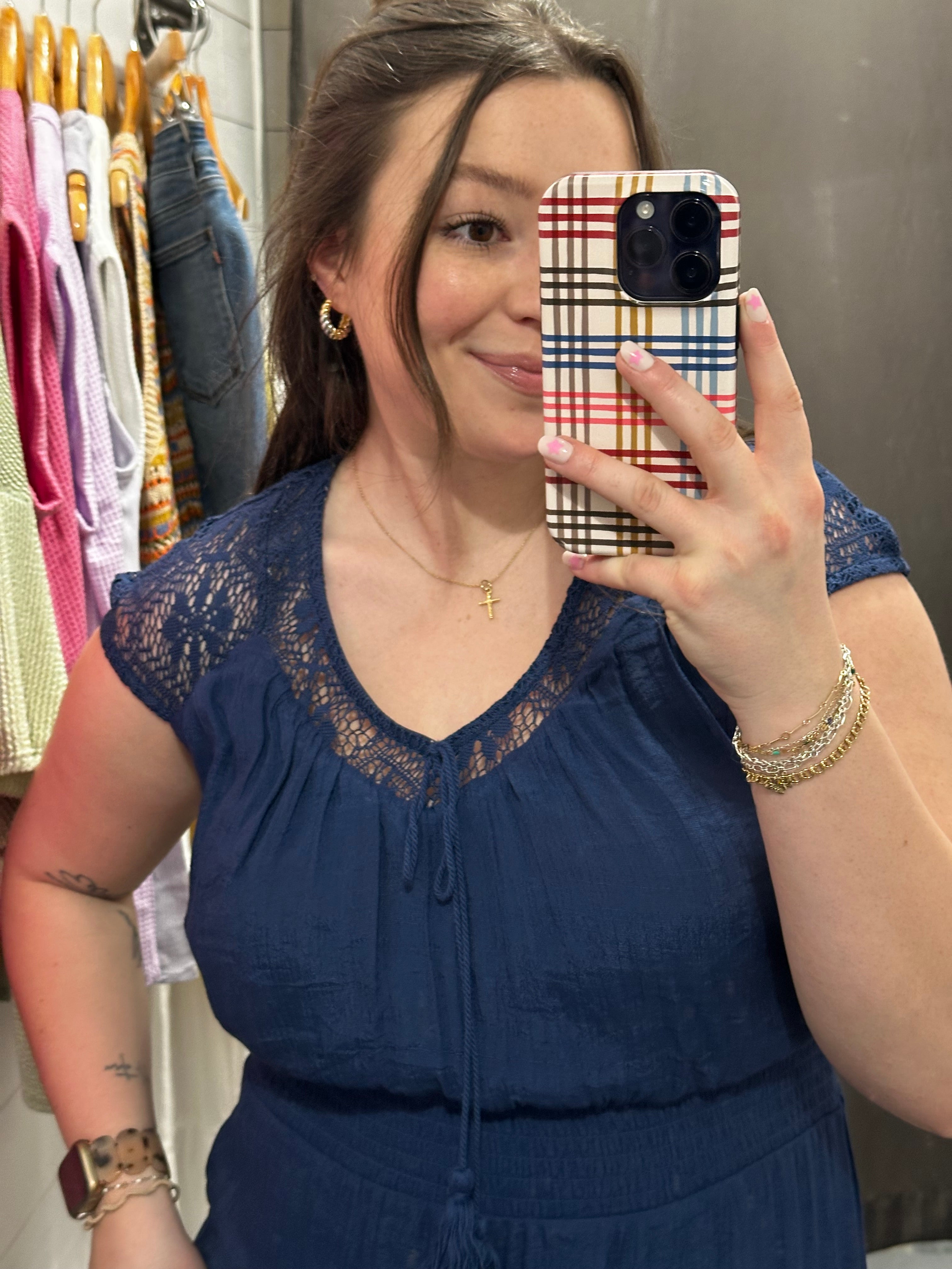 Navy Lace Smocked Maxi Dress