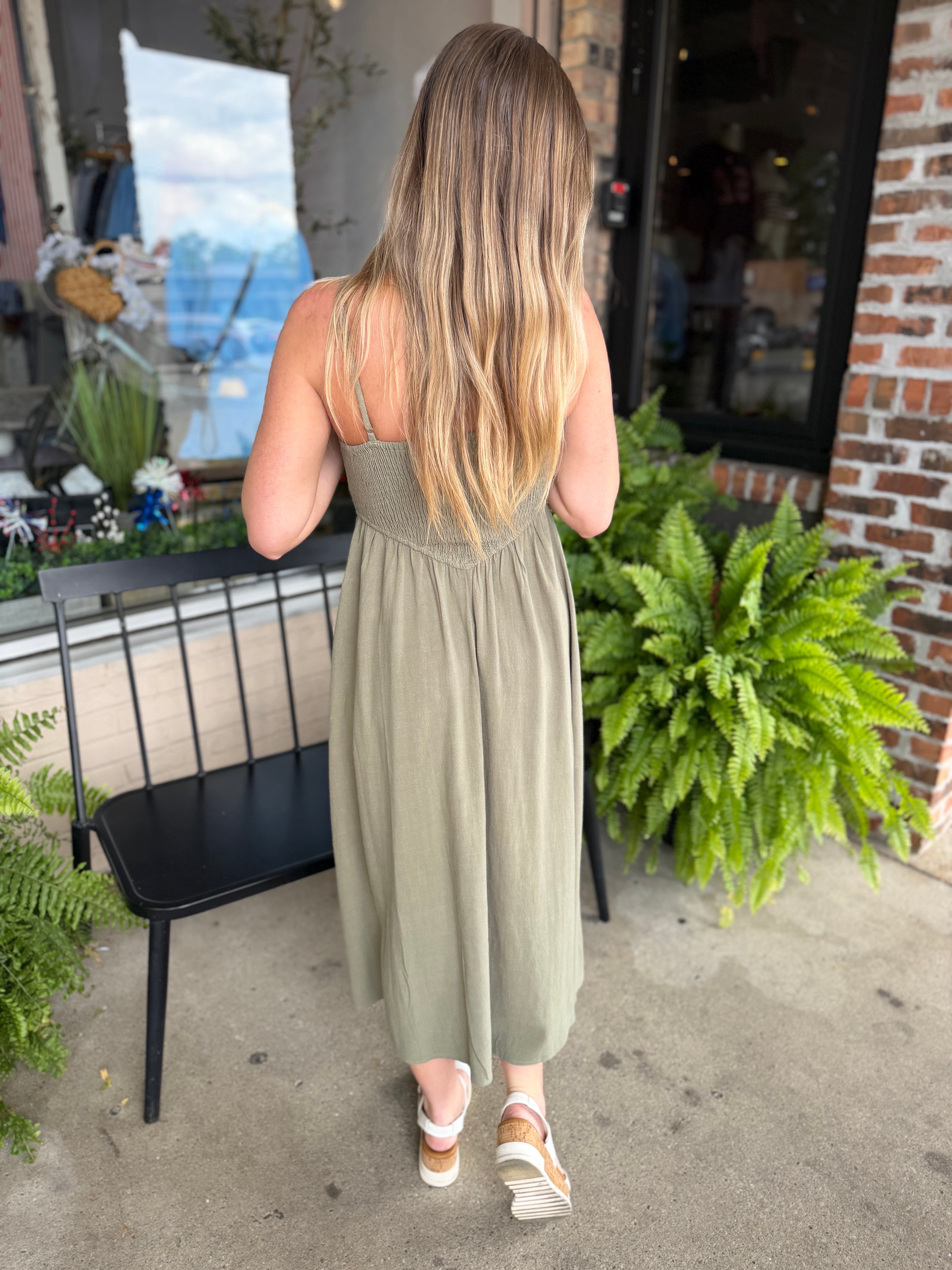 Olive Smocked Midi Dress