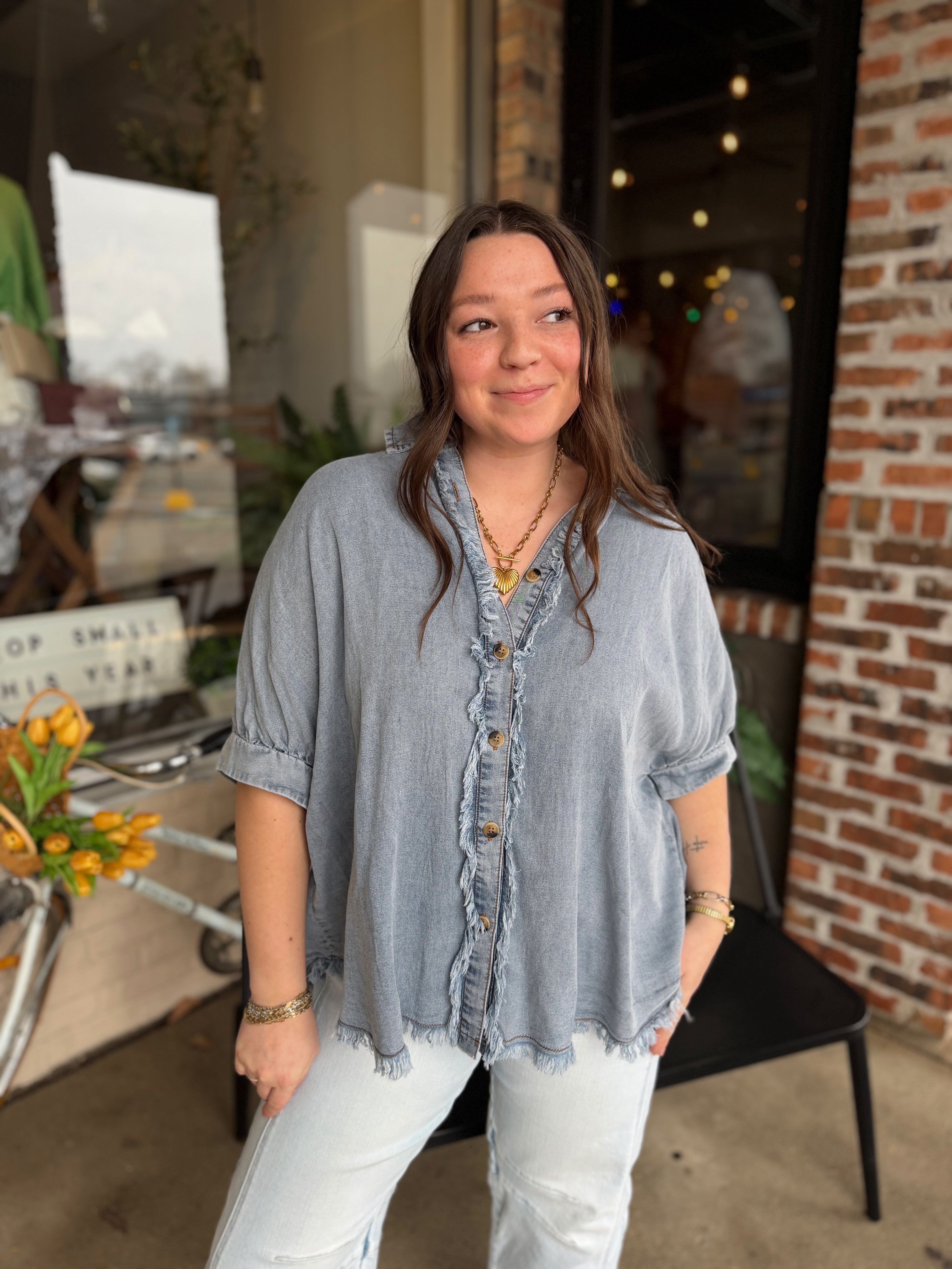 Frayed Trim Denim Button Top