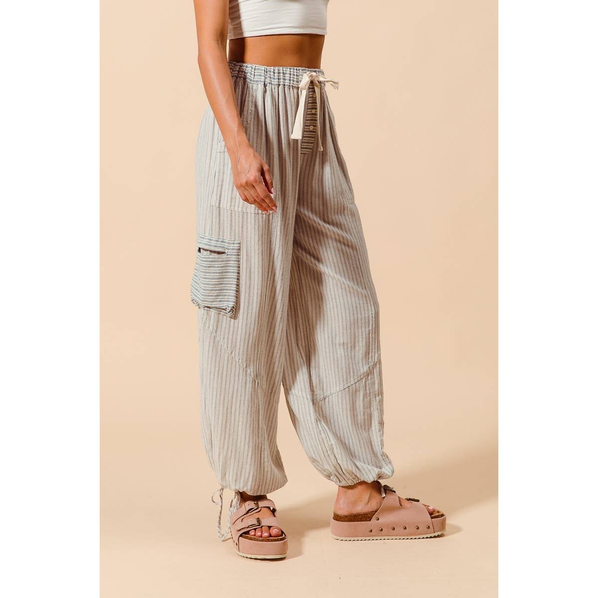 Denim Stripe Balloon Blocked Pants
