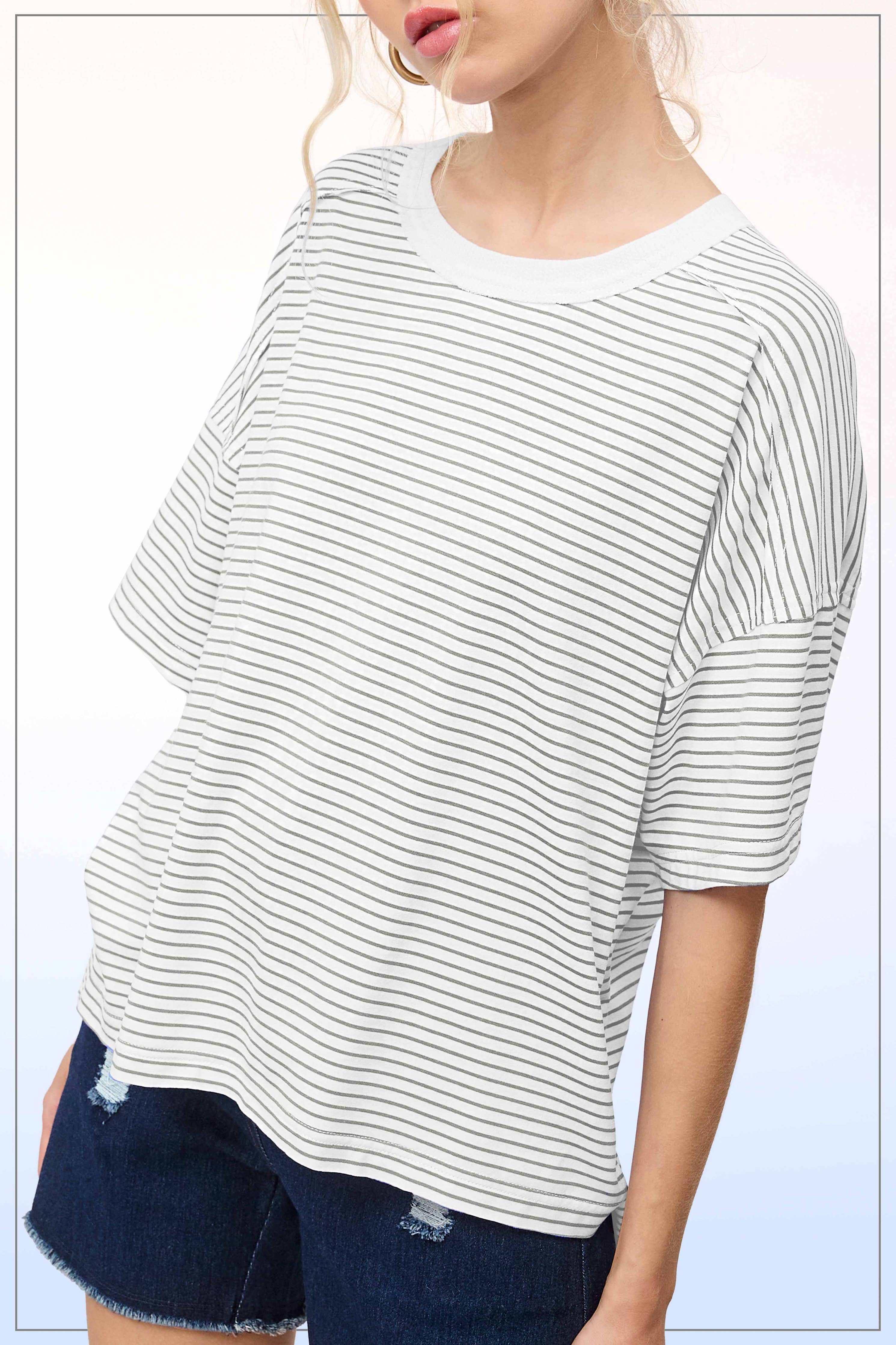 Grey Striped Drop Shoulder Top