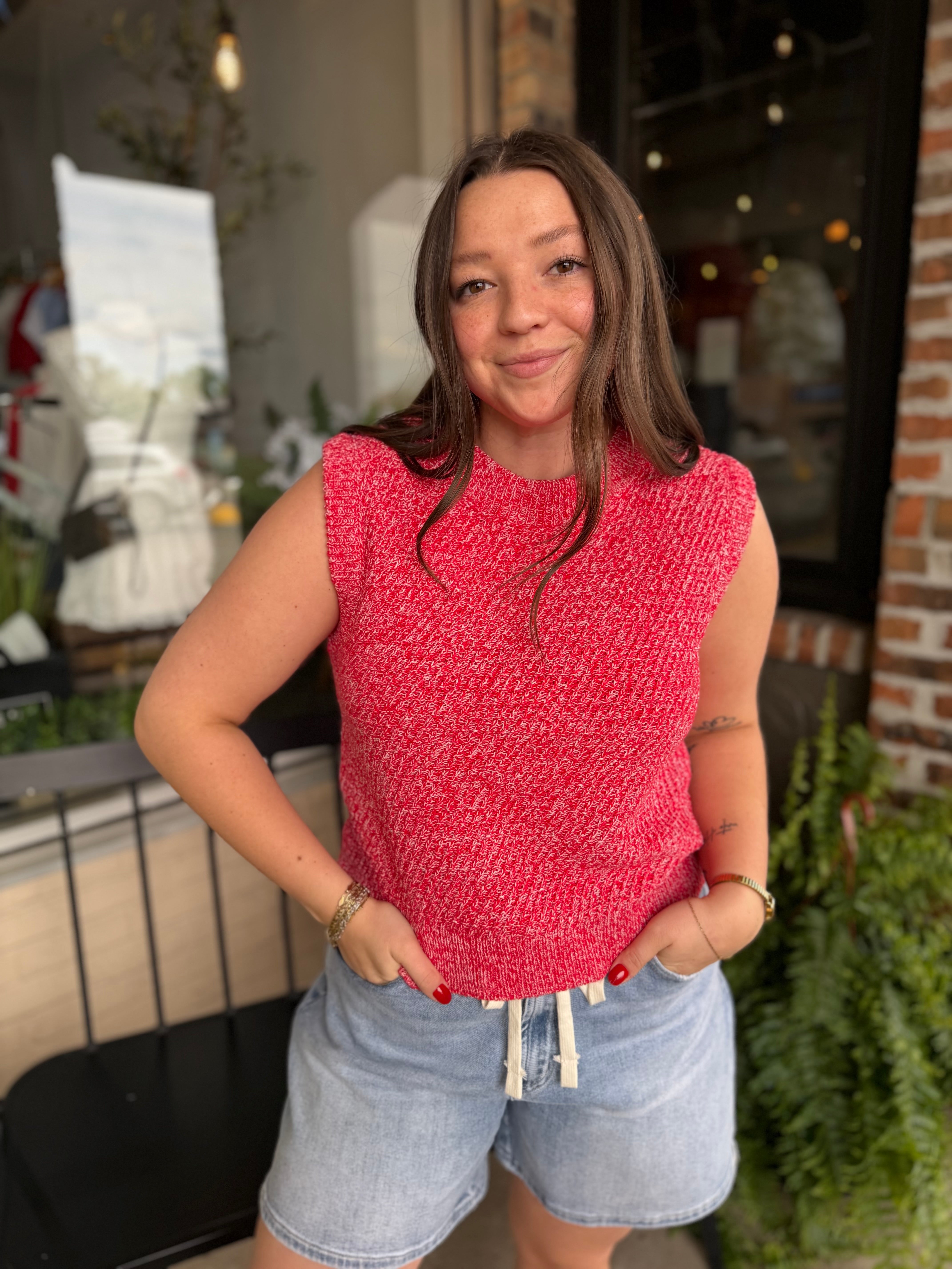 Red Sleeveless Crew Neck Sweater