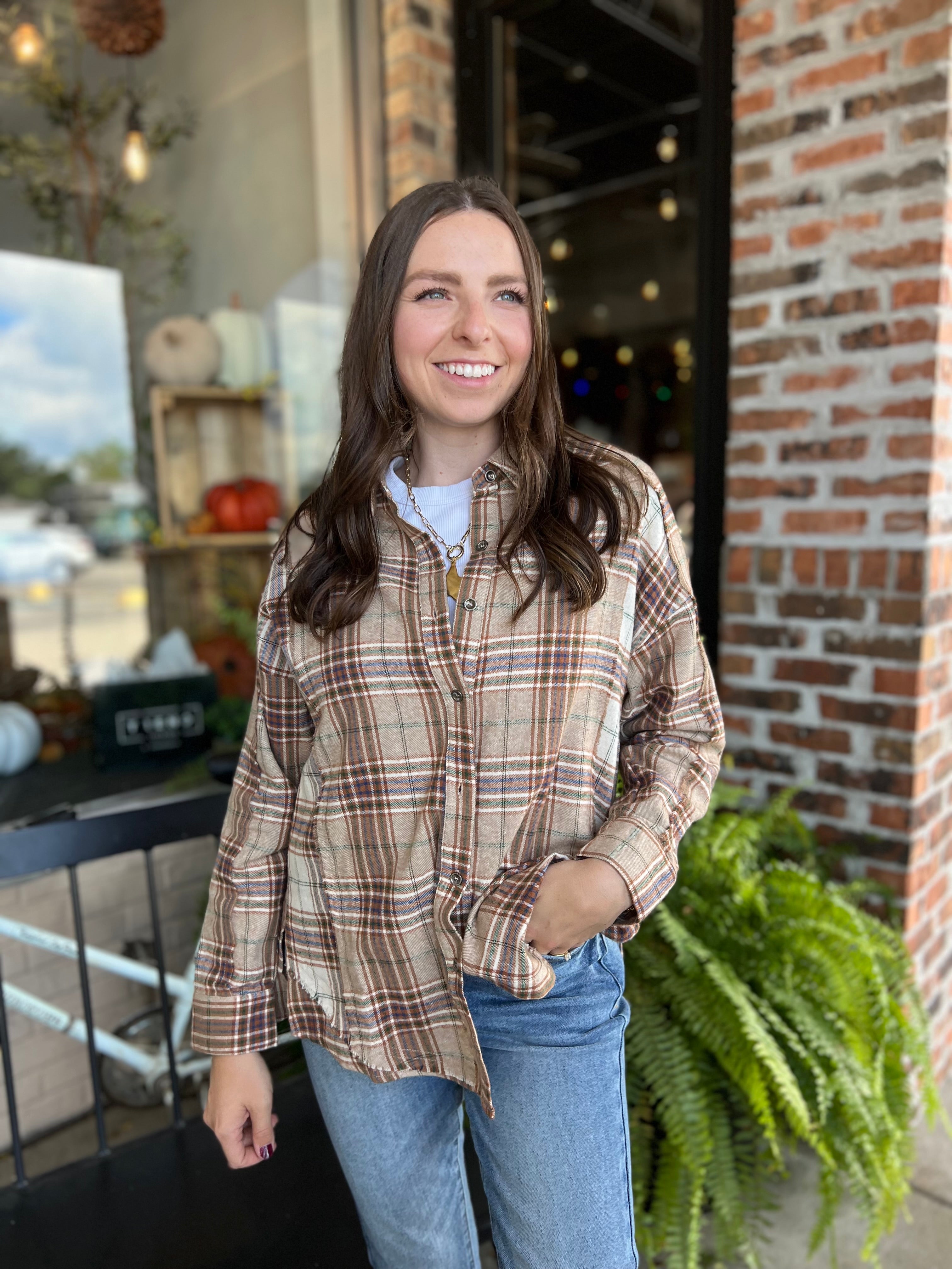 Taupe Contrast Plaid Detail Shirt