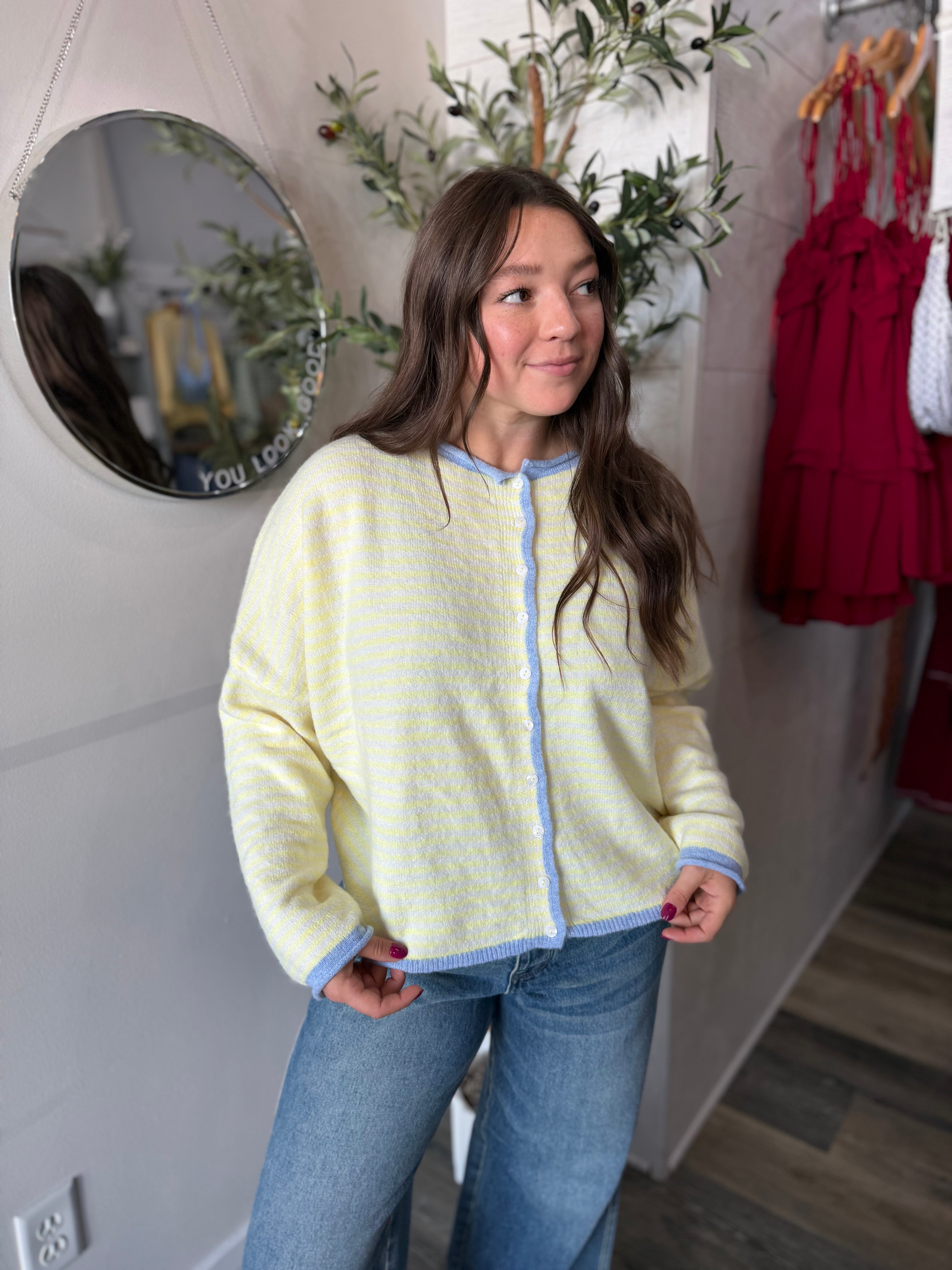 Yellow Stripe Raw Edge Sweater