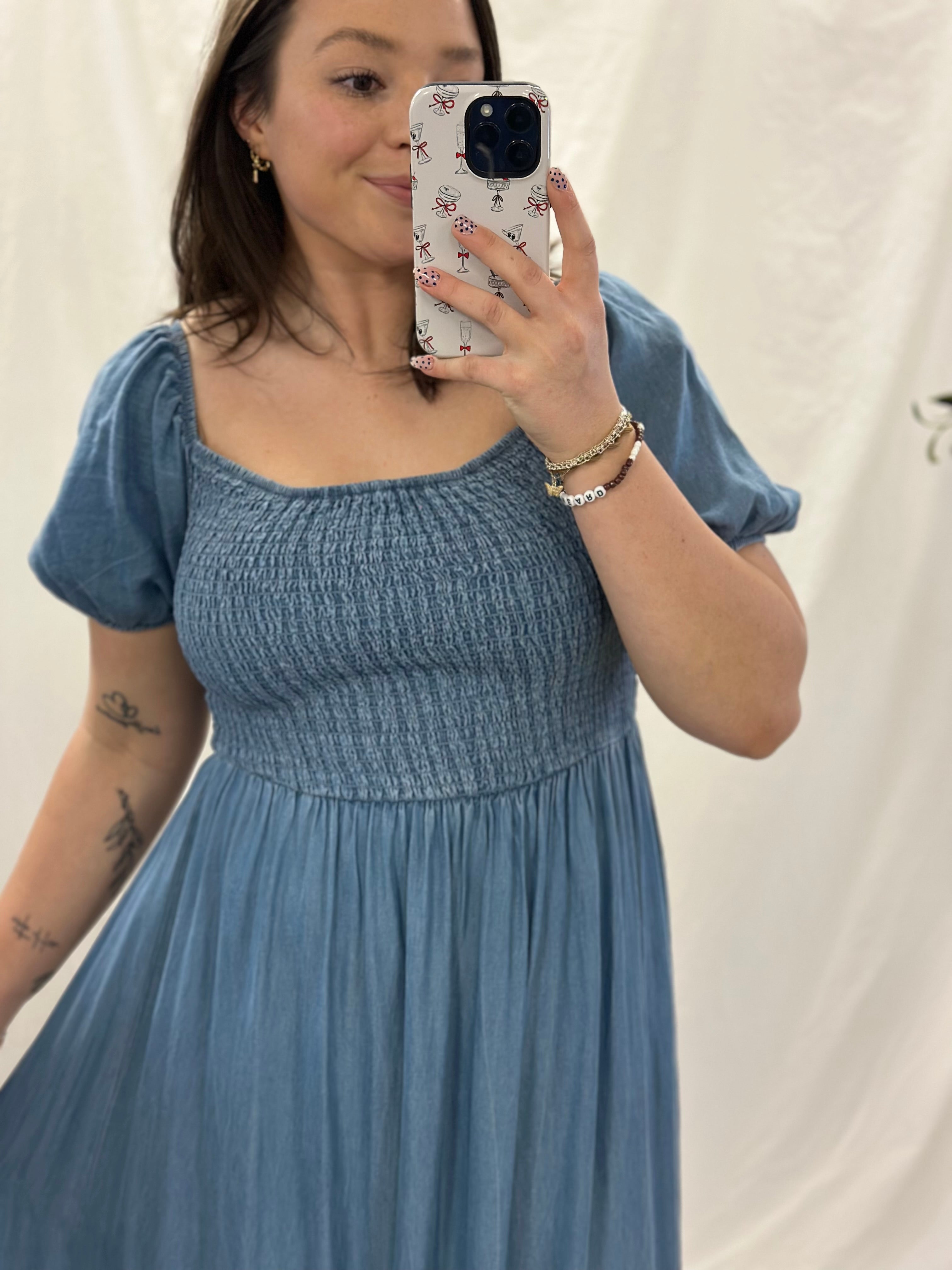 Chambray Smocked Midi Dress