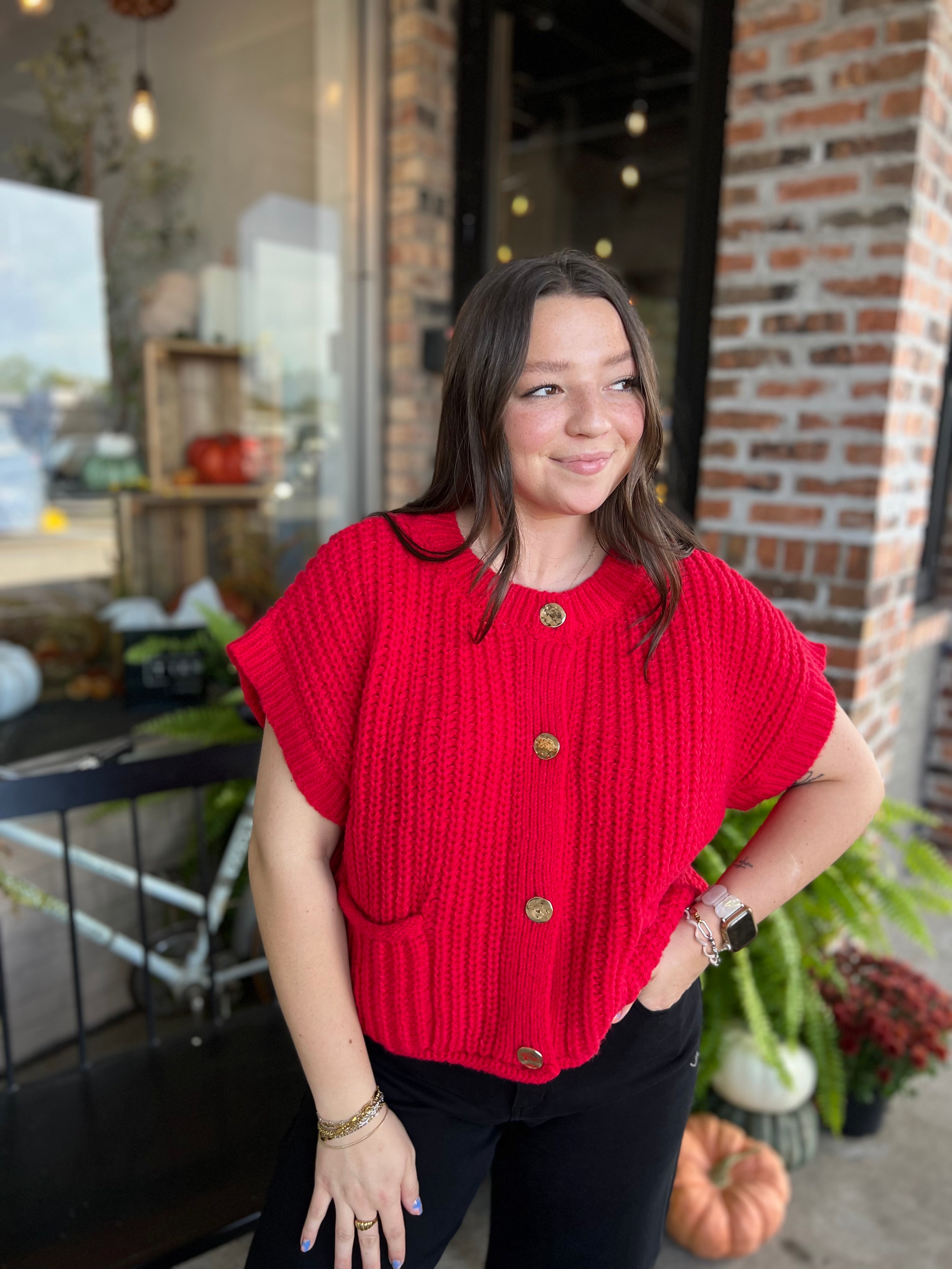 Red Oversized Button Down Knit Sweater Top