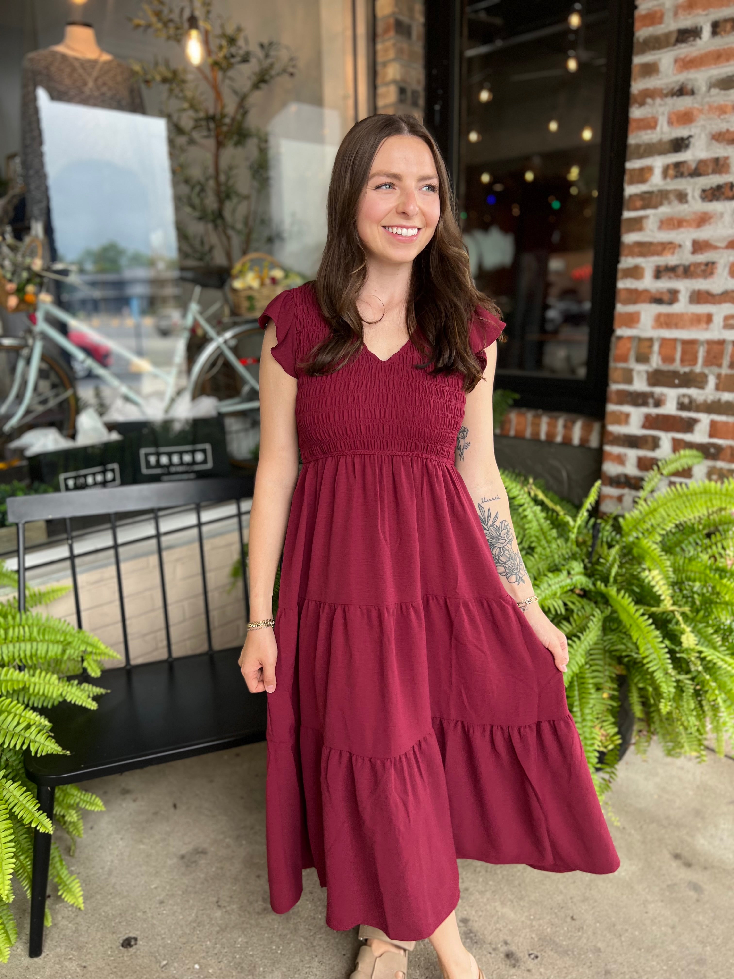 Burgundy Flutter Sleeve Maxi Dress