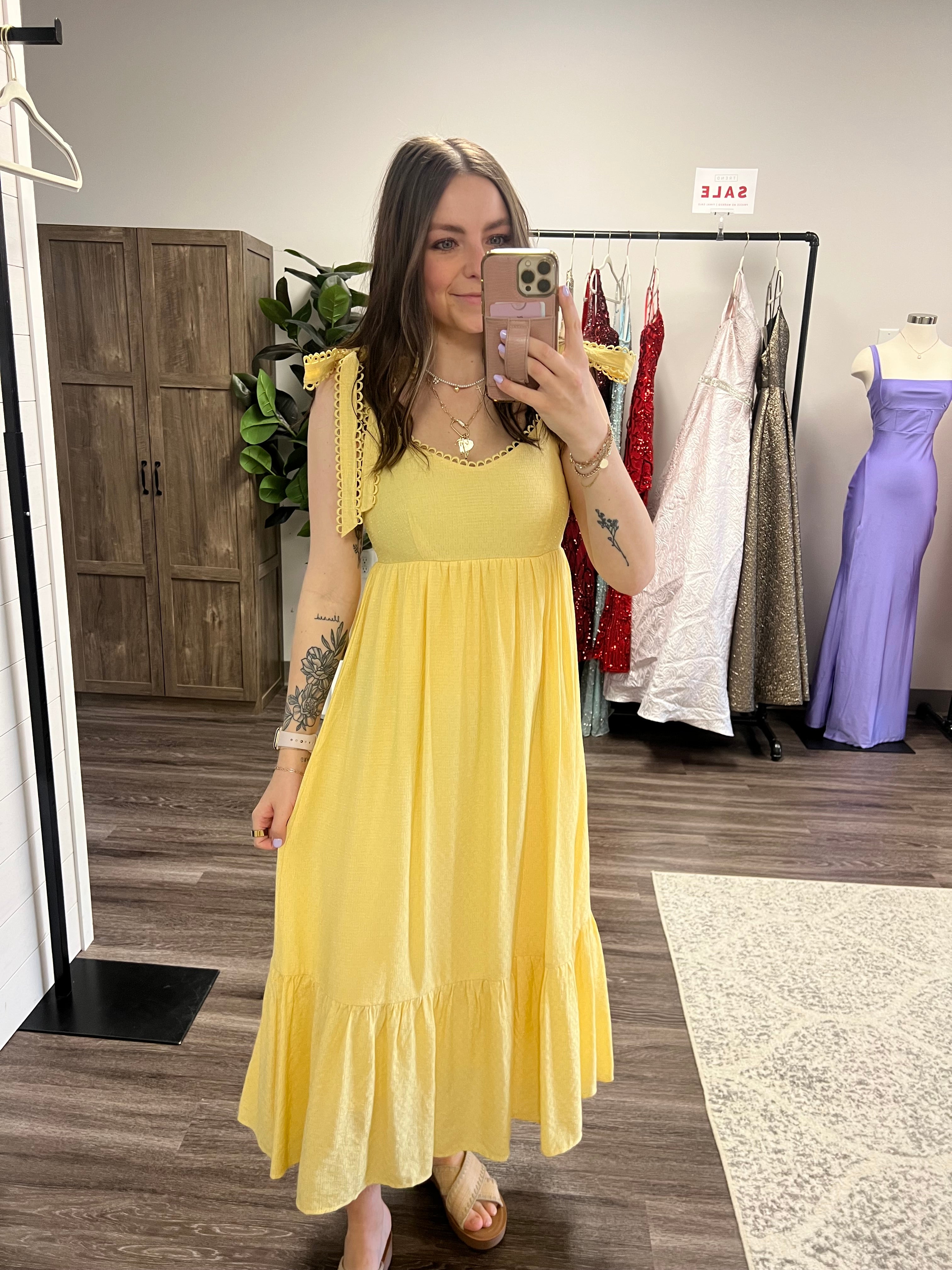 Yellow Eyelet Trim Midi Dress
