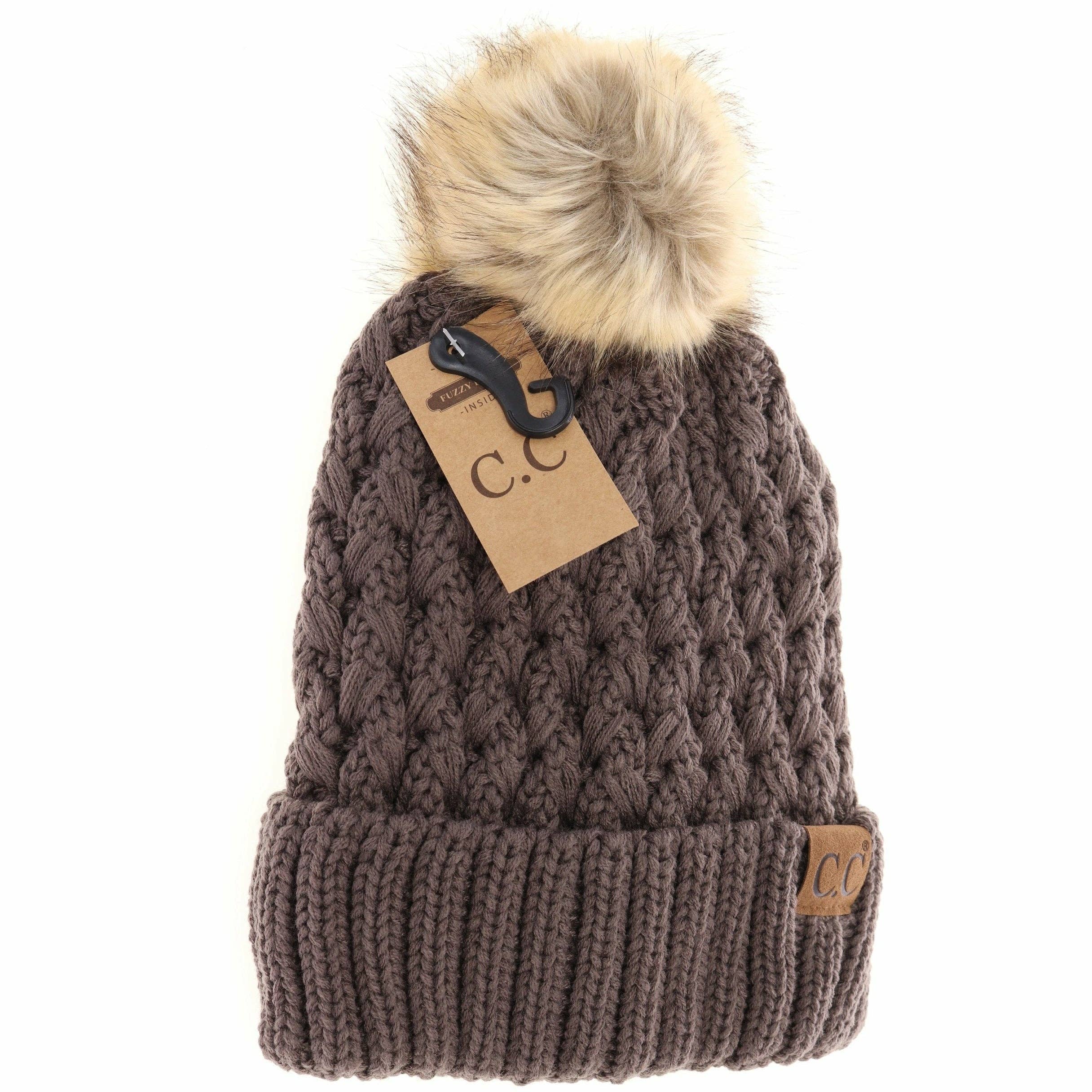 Earth Grey Lattice Stitch Fur Pom Beanie
