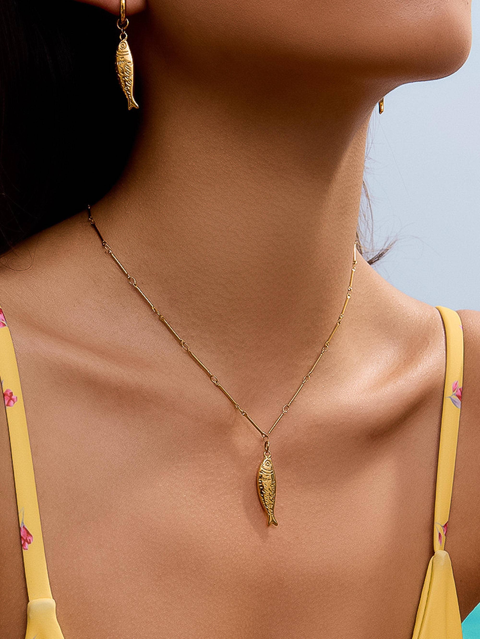 18K Gold Non-Tarnish Fish Pendant Necklace