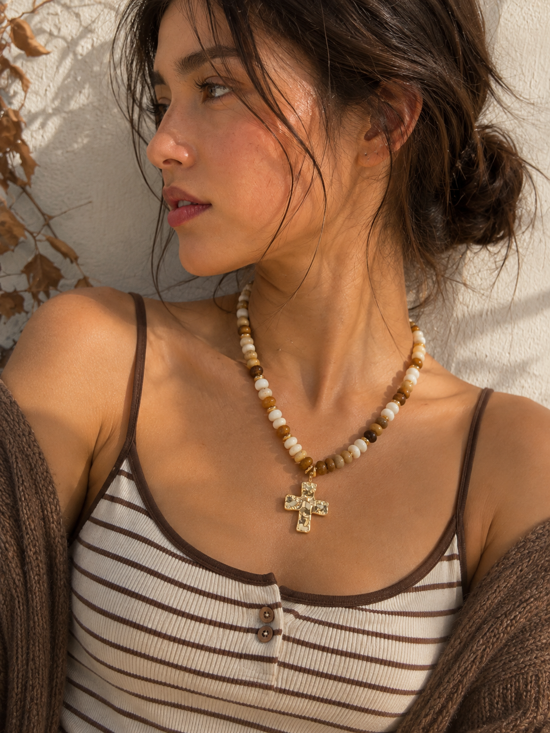 Hammered Cross Beaded Necklace: Brown