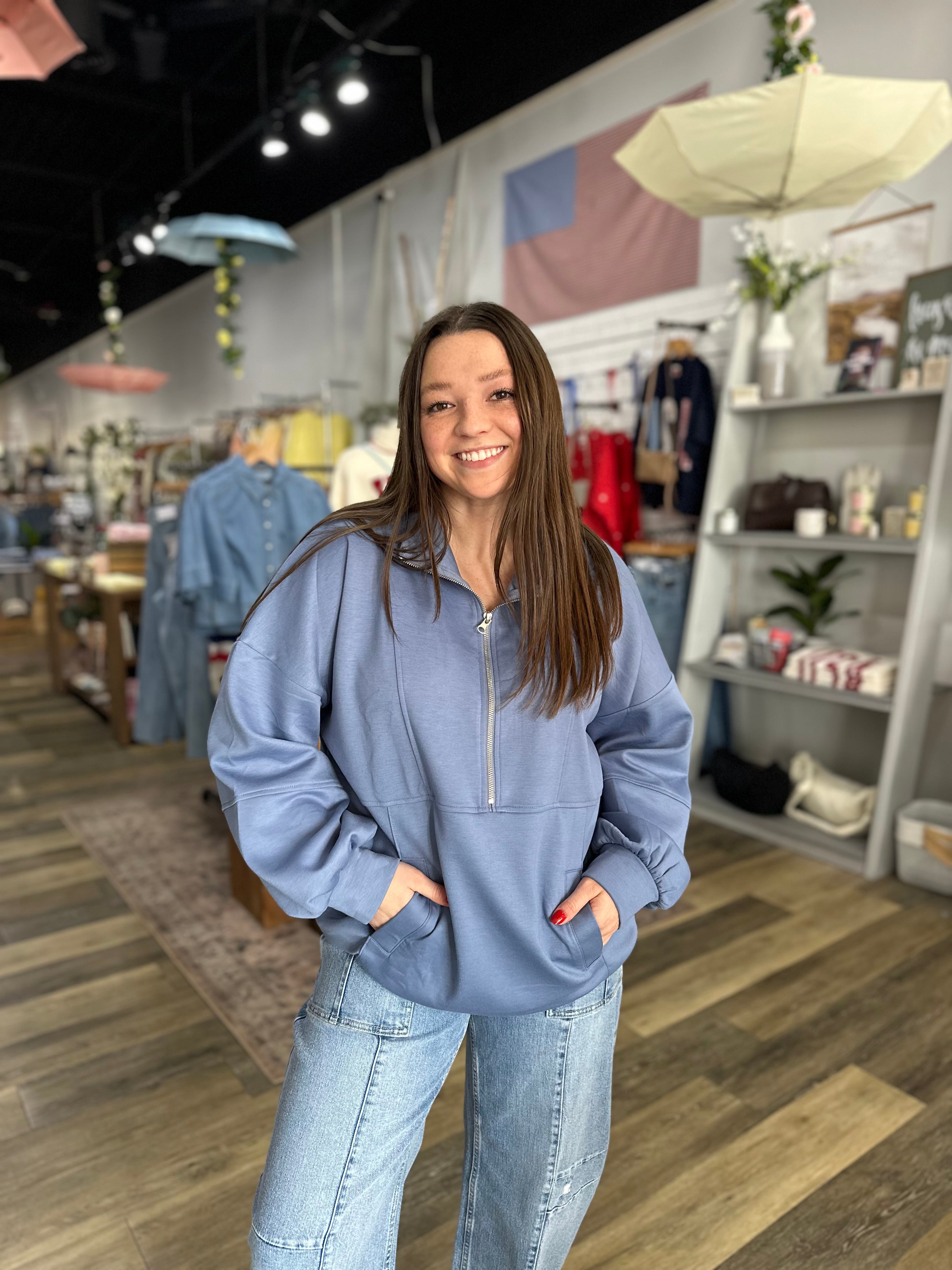 Blue Half Zip Oversized Top