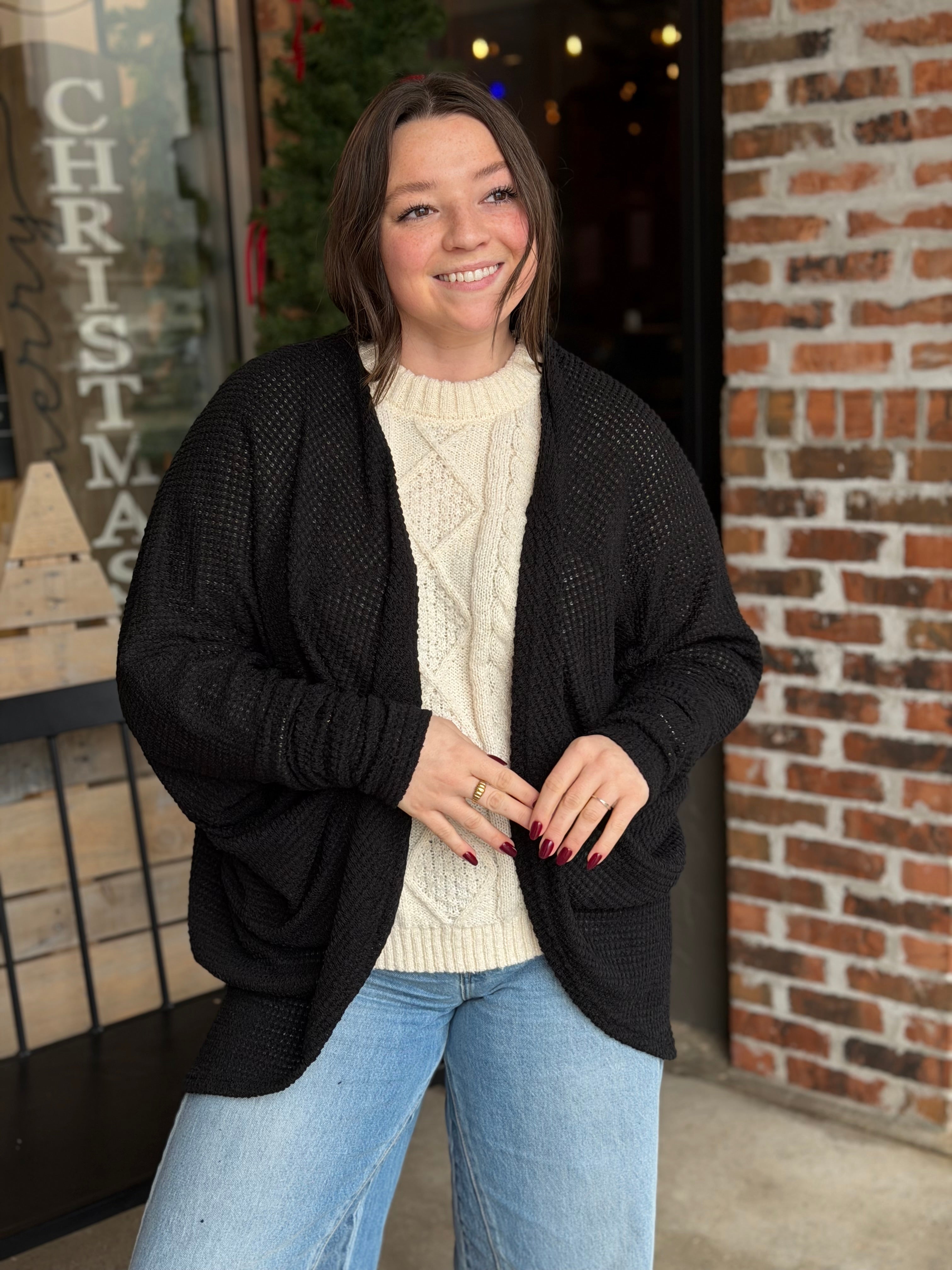 Black Waffle Knit Cardigan
