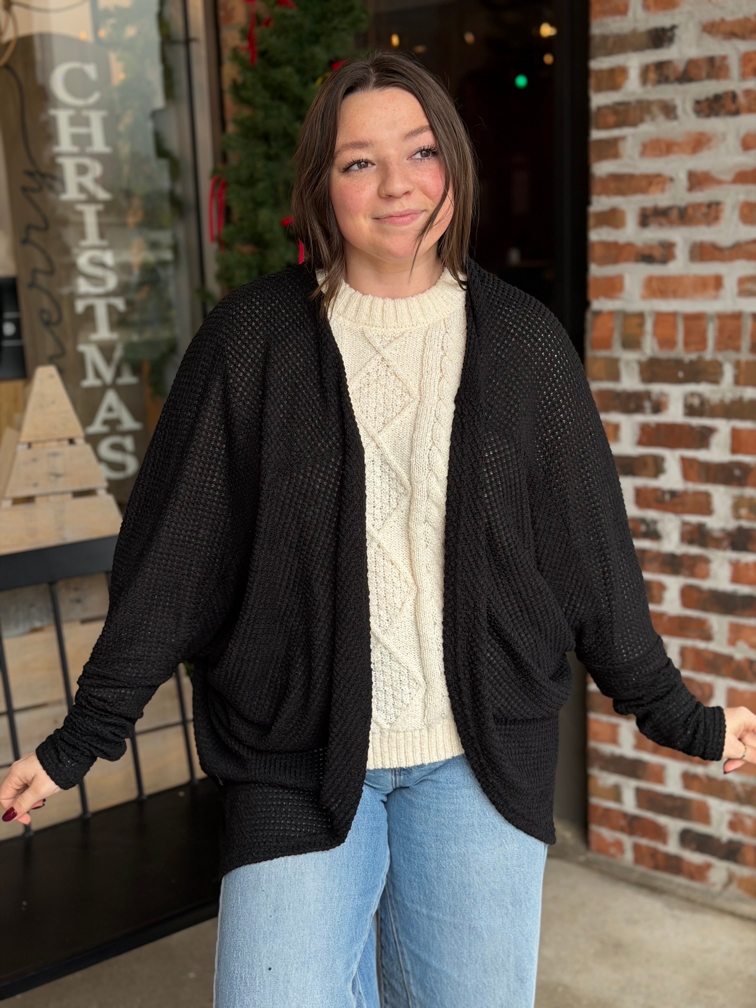 Black Waffle Knit Cardigan