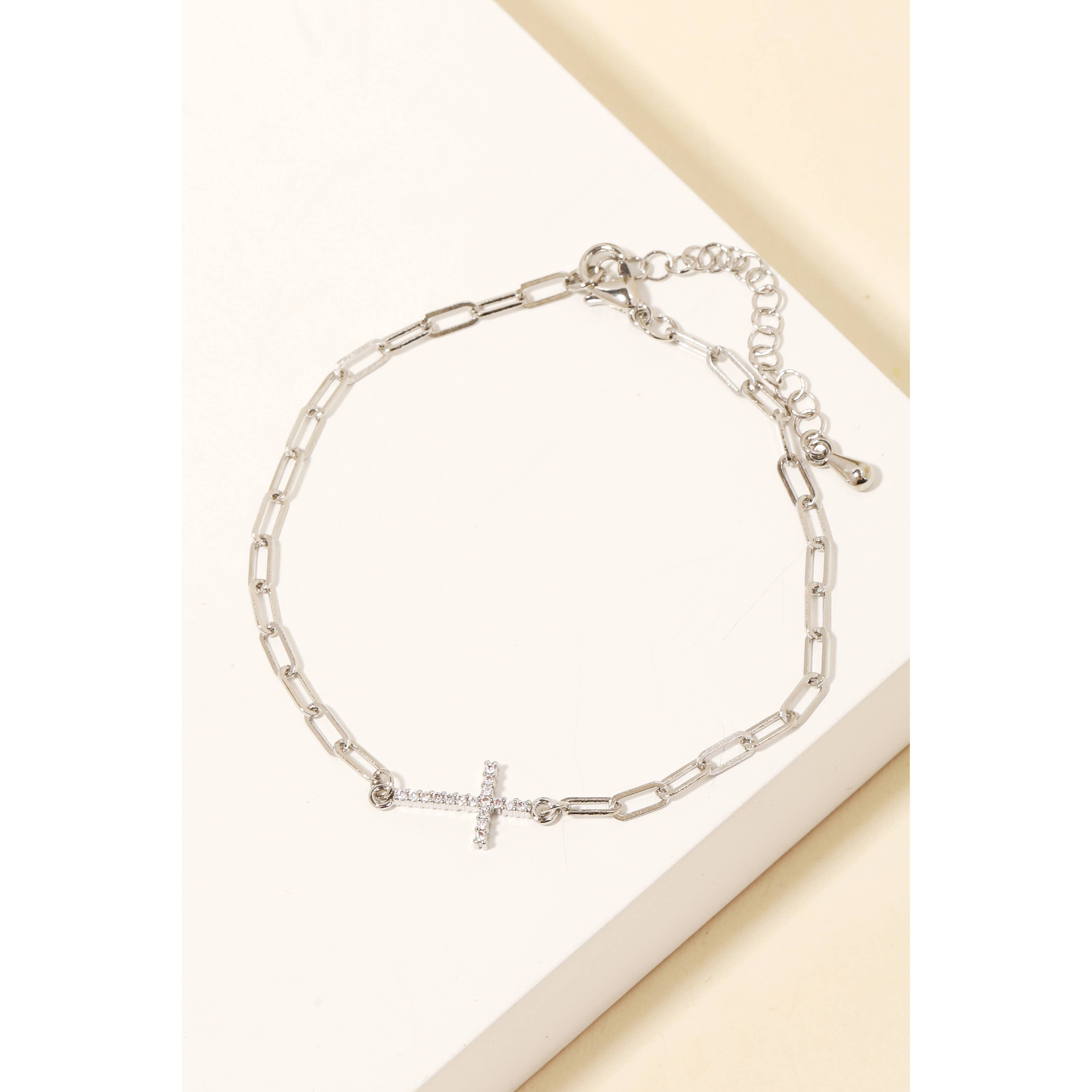 Gold Dipped Pave Cross Charm Chain Bracelet