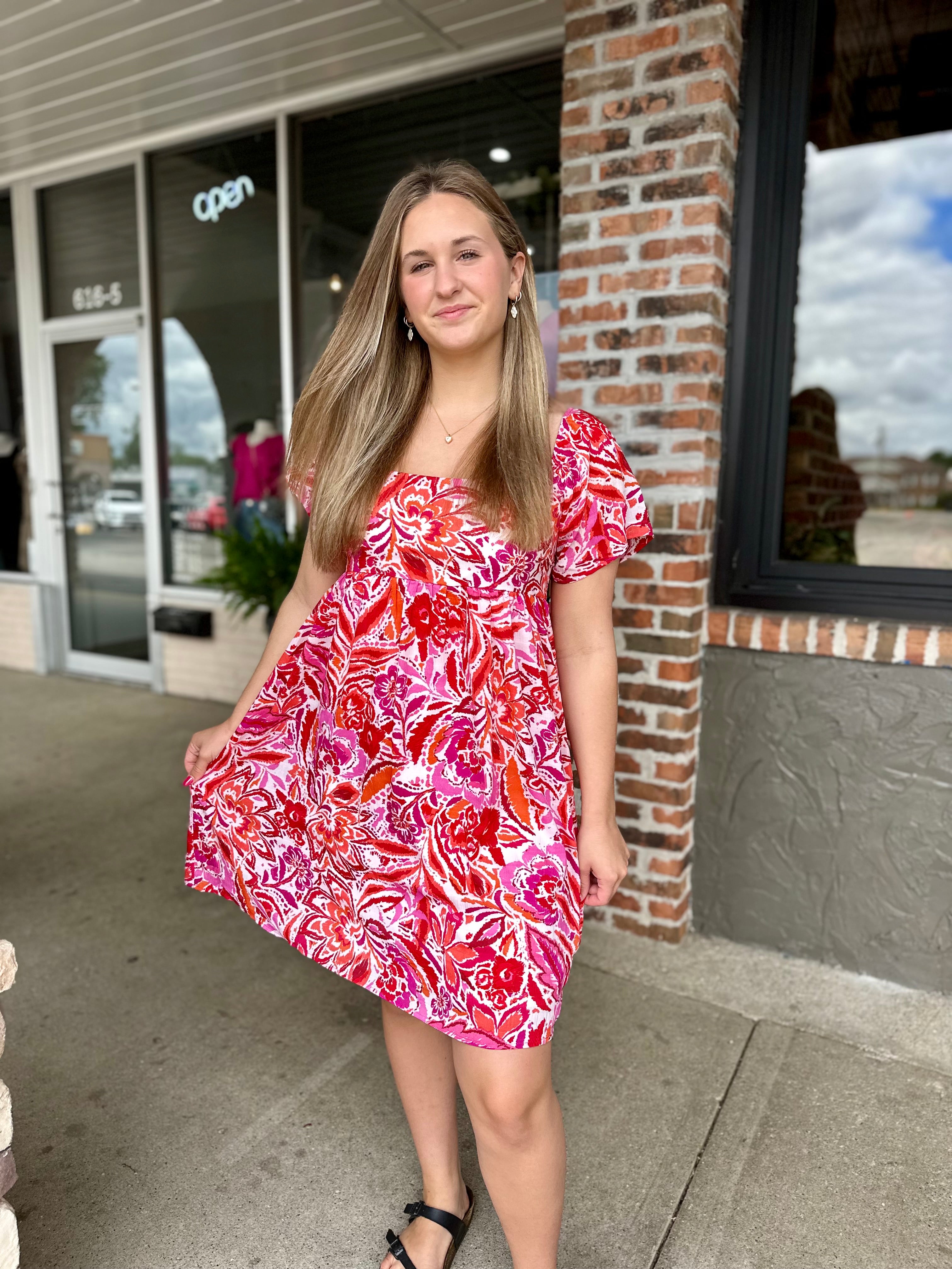 Red Floral Square Neck Dress - FINAL SALE