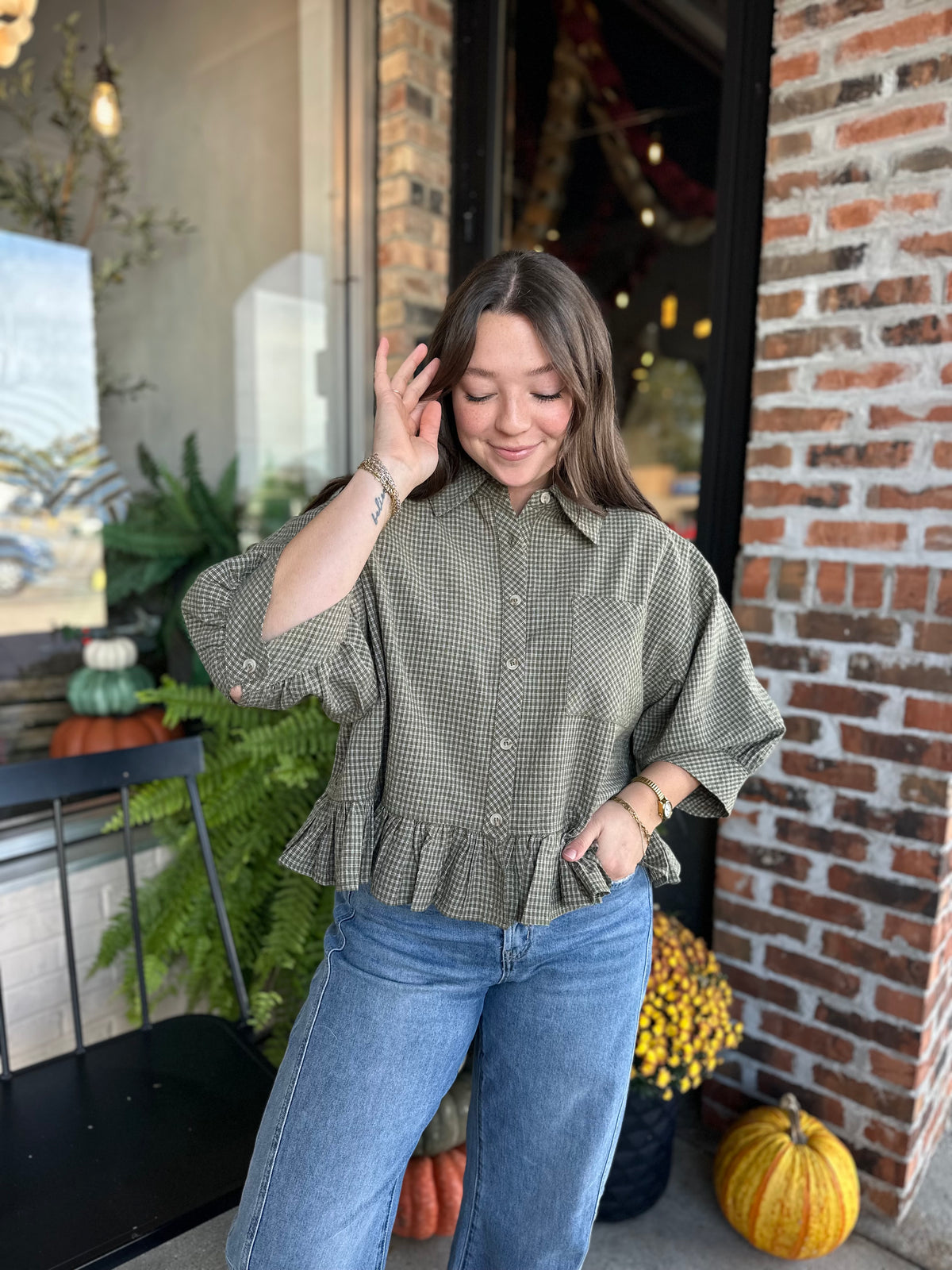 Olive Check Ruffle Hem Shirt