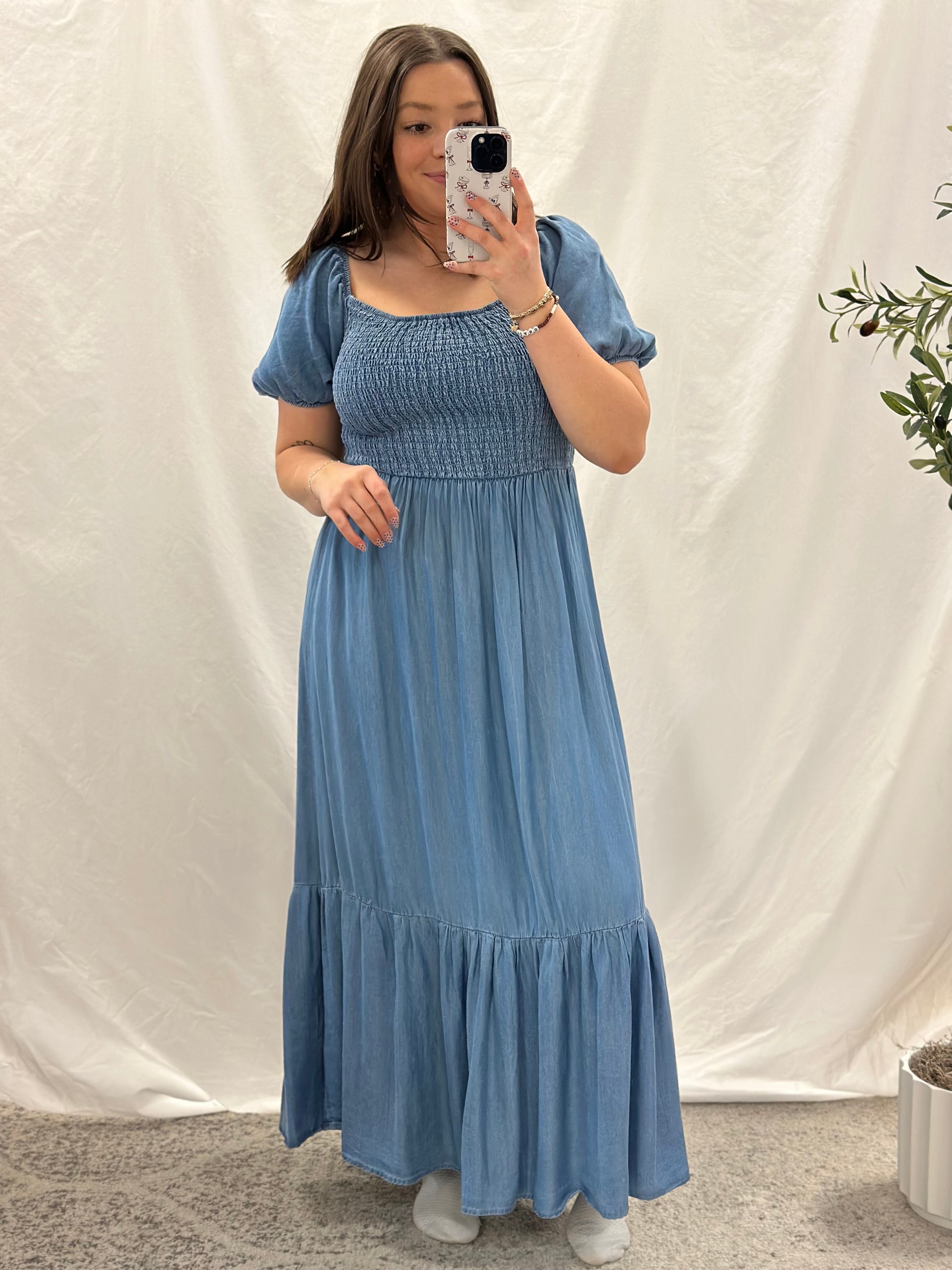 Chambray Smocked Midi Dress