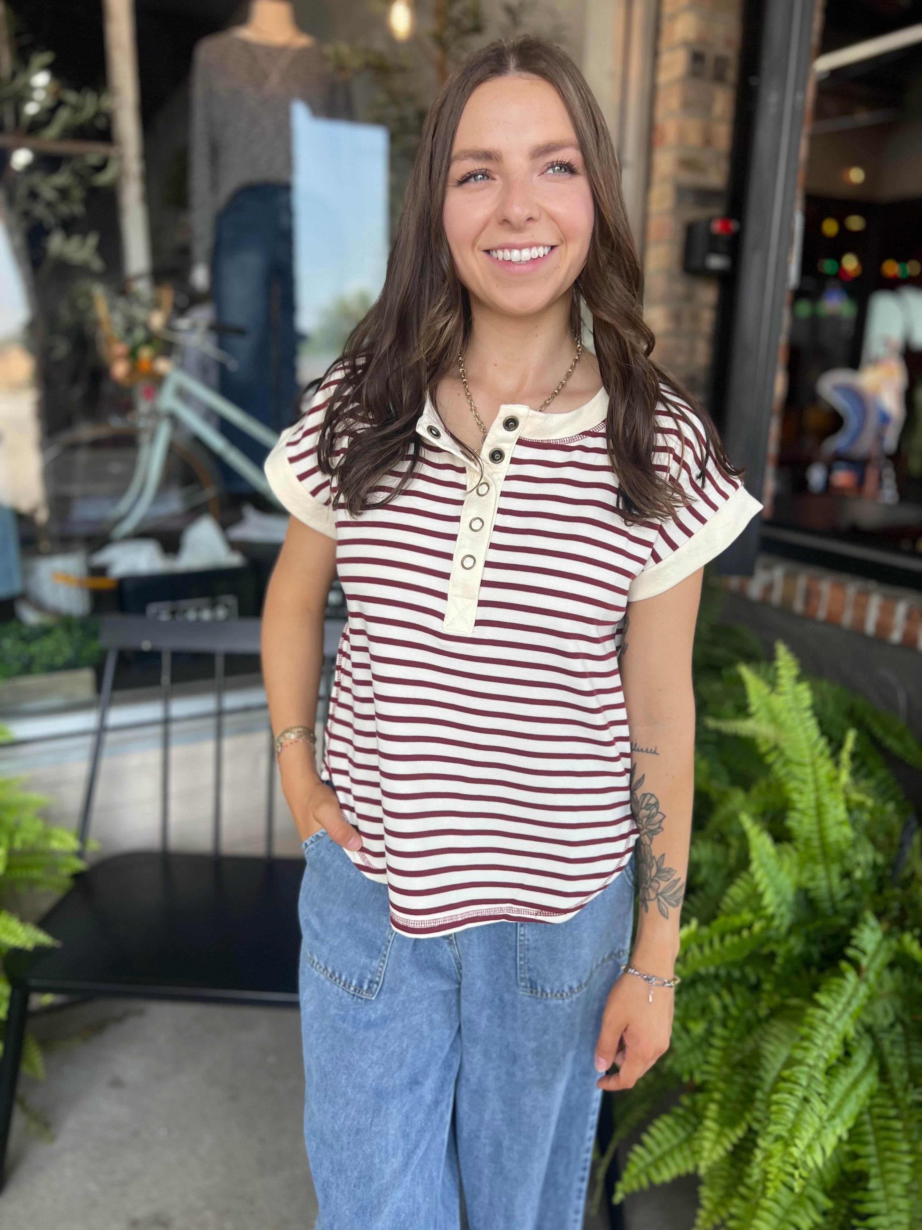 Burgundy Stripe Button Henley