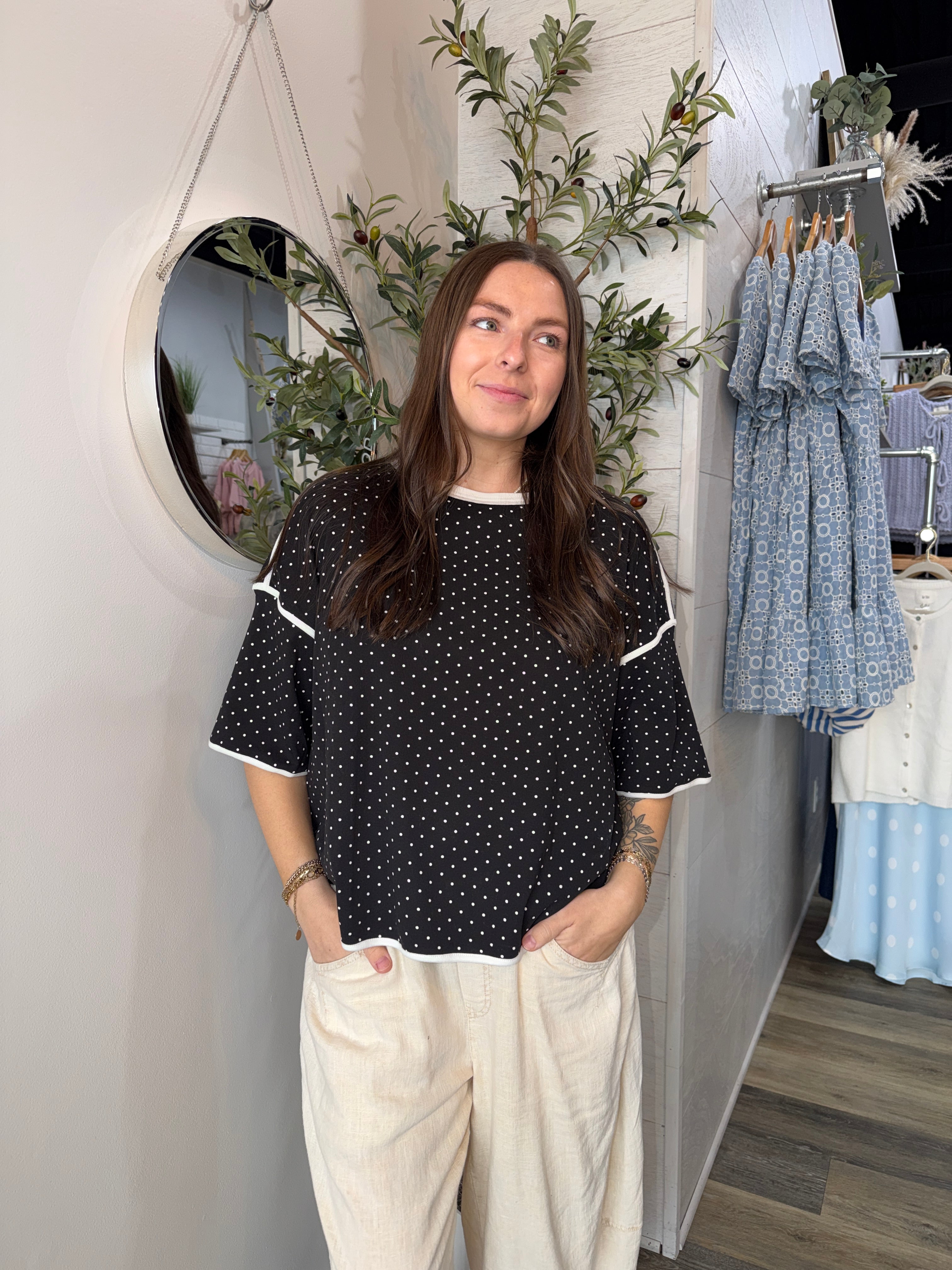 Black Polka Dot Contrast Trim Top - FINAL SALE