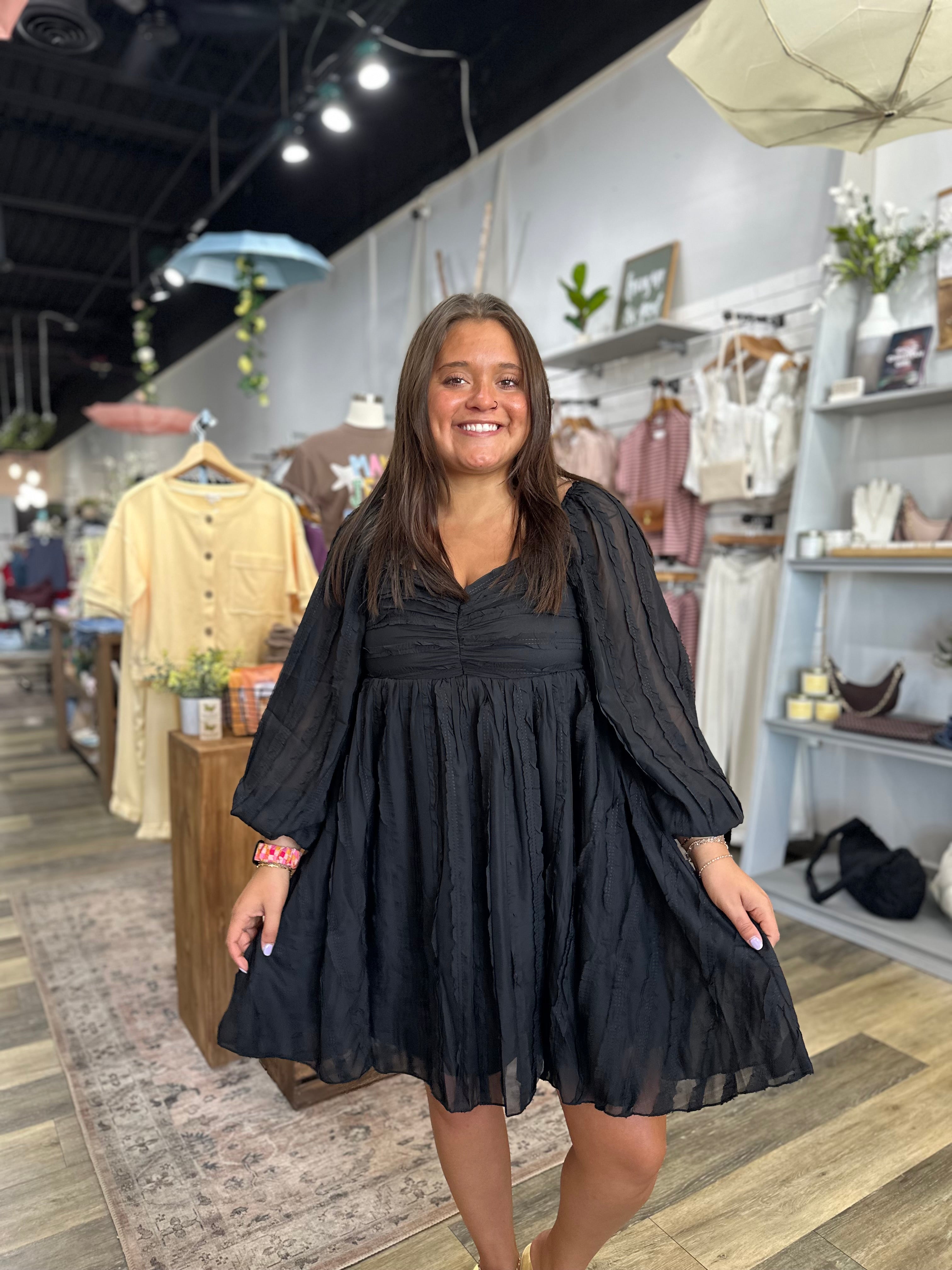 Black Textured Ruched Mini Dress