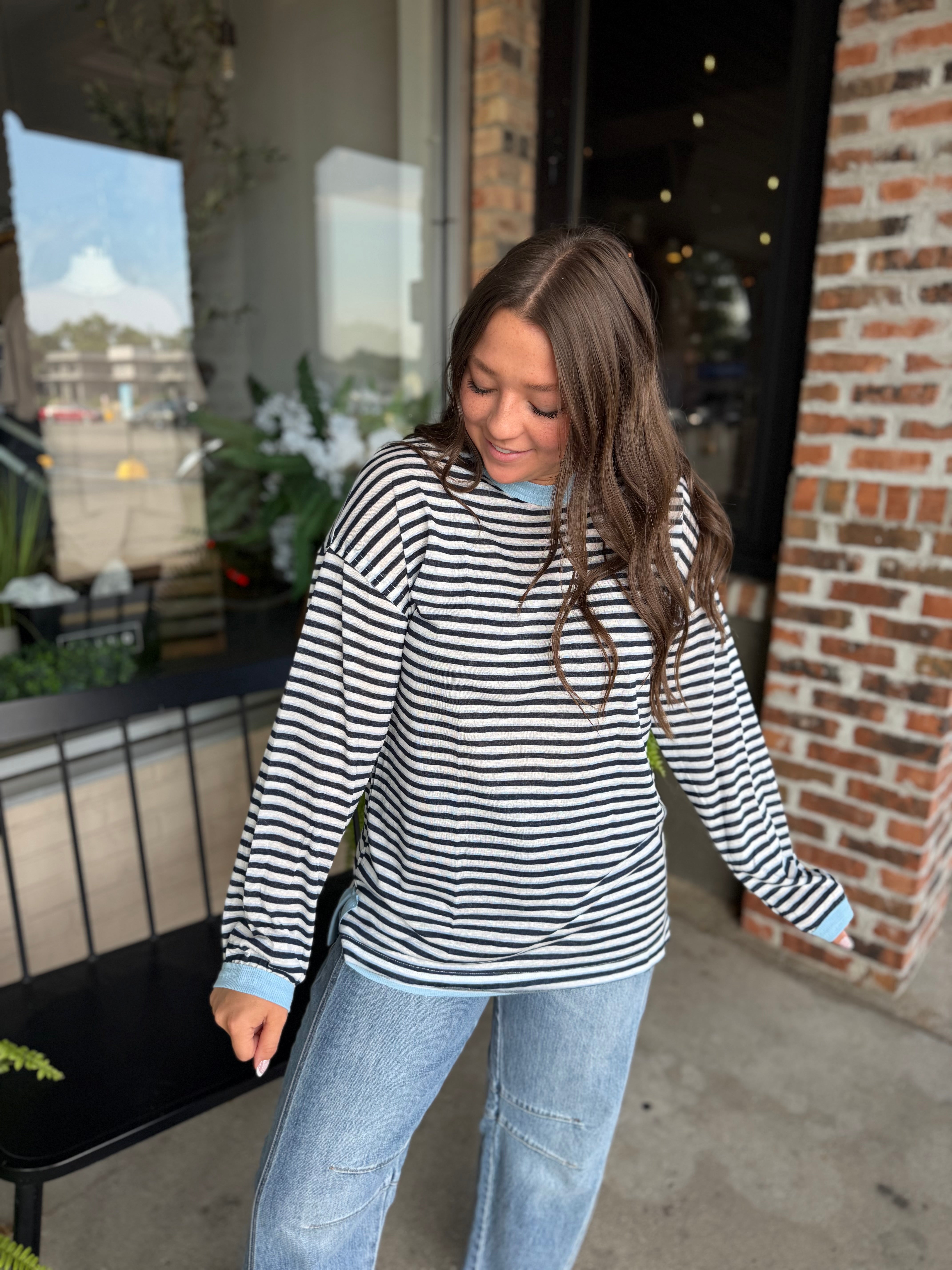 Blue Striped Jersey Long Sleeve Top