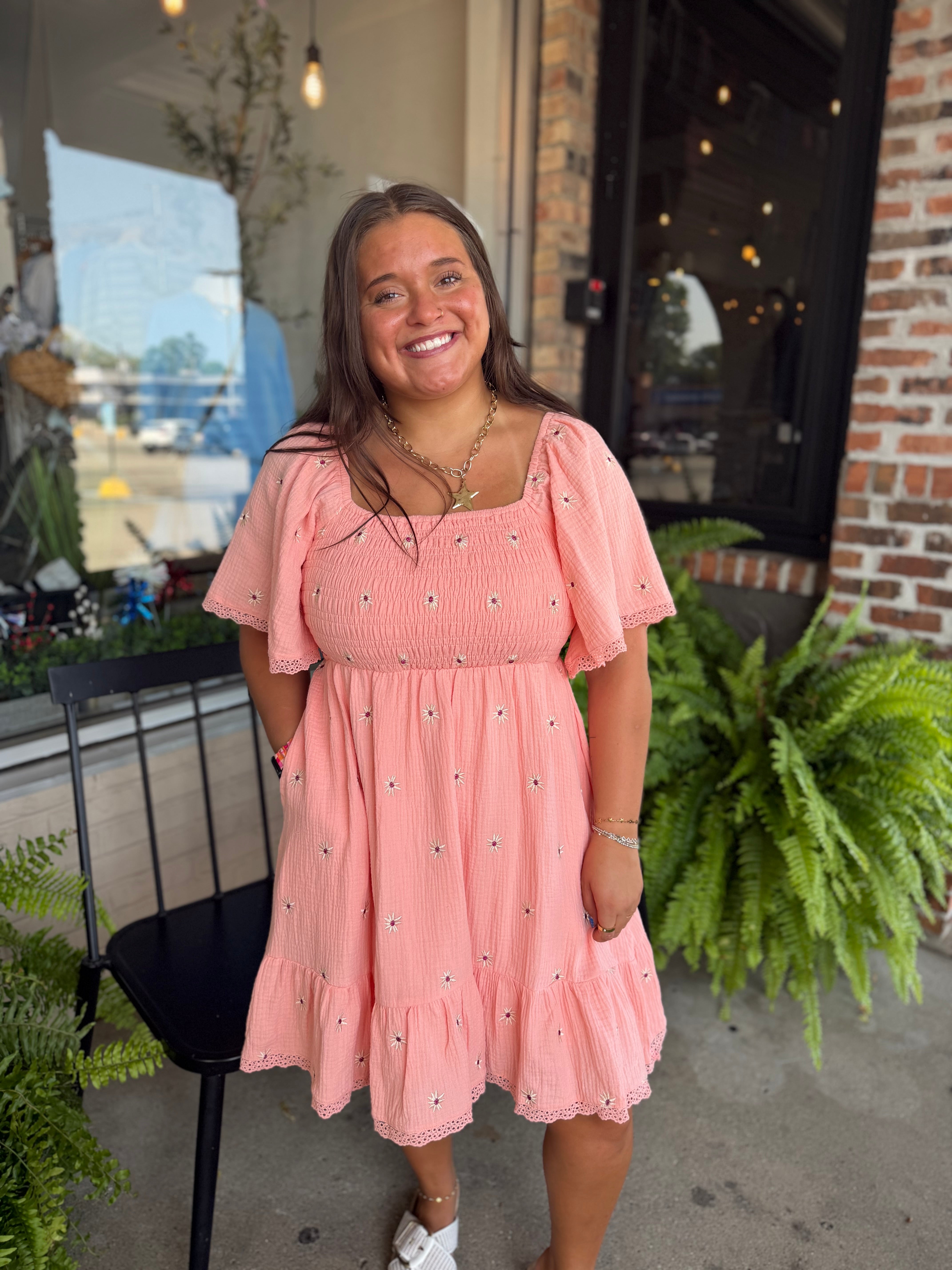 Pink Gauze Floral Embroidered Dress